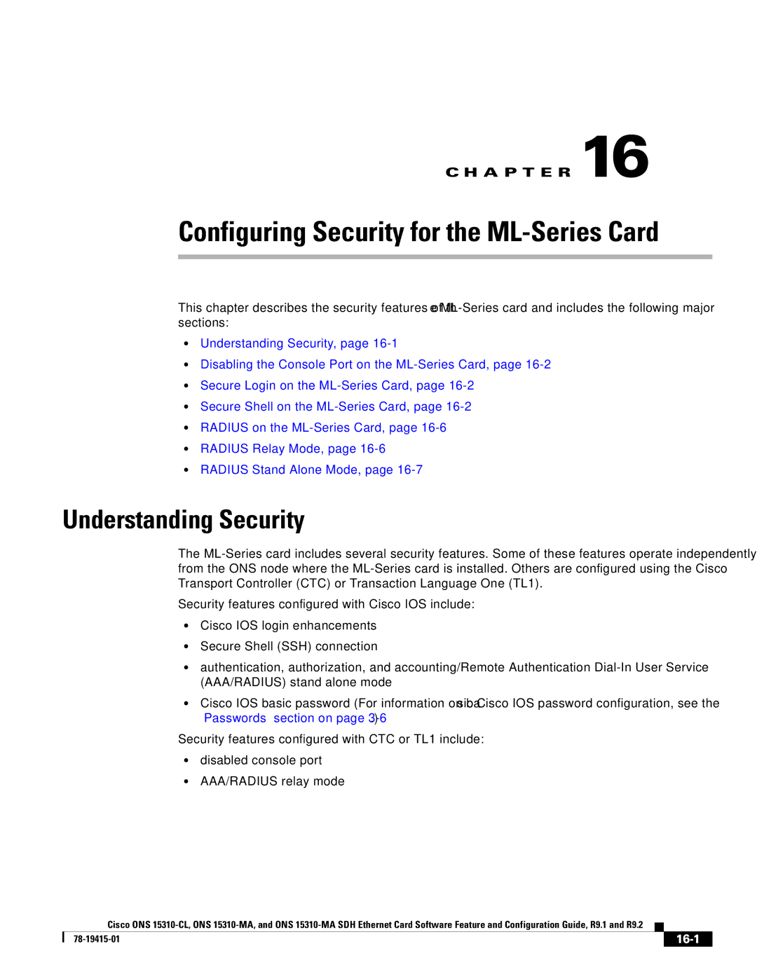 Cisco Systems ONS 15310-MA, ONS 15310-CL manual Configuring Security for the ML-Series Card, Understanding Security, 16-1 