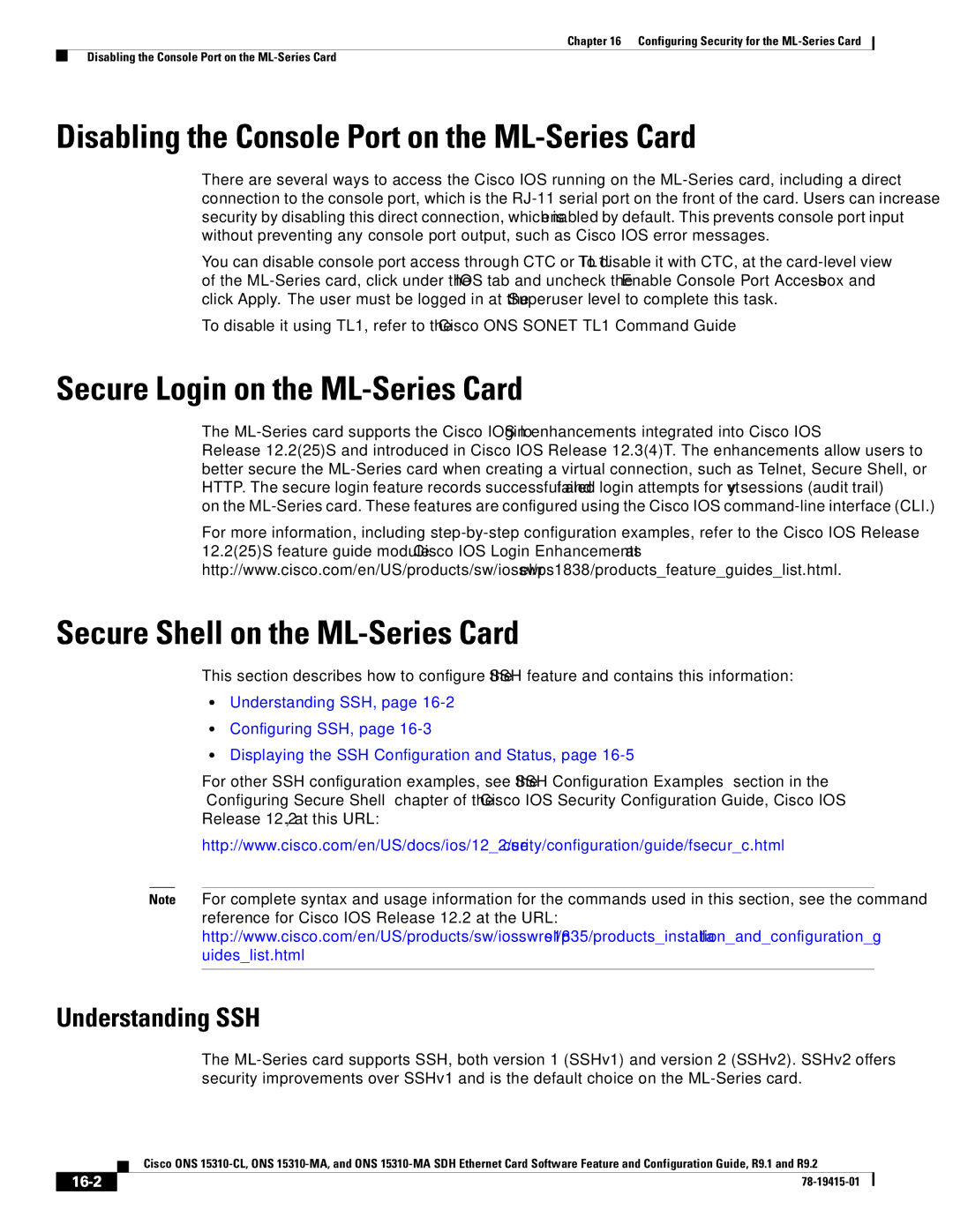 Cisco Systems Cisco ONS 15310-MA Disabling the Console Port on the ML-Series Card, Secure Login on the ML-Series Card 