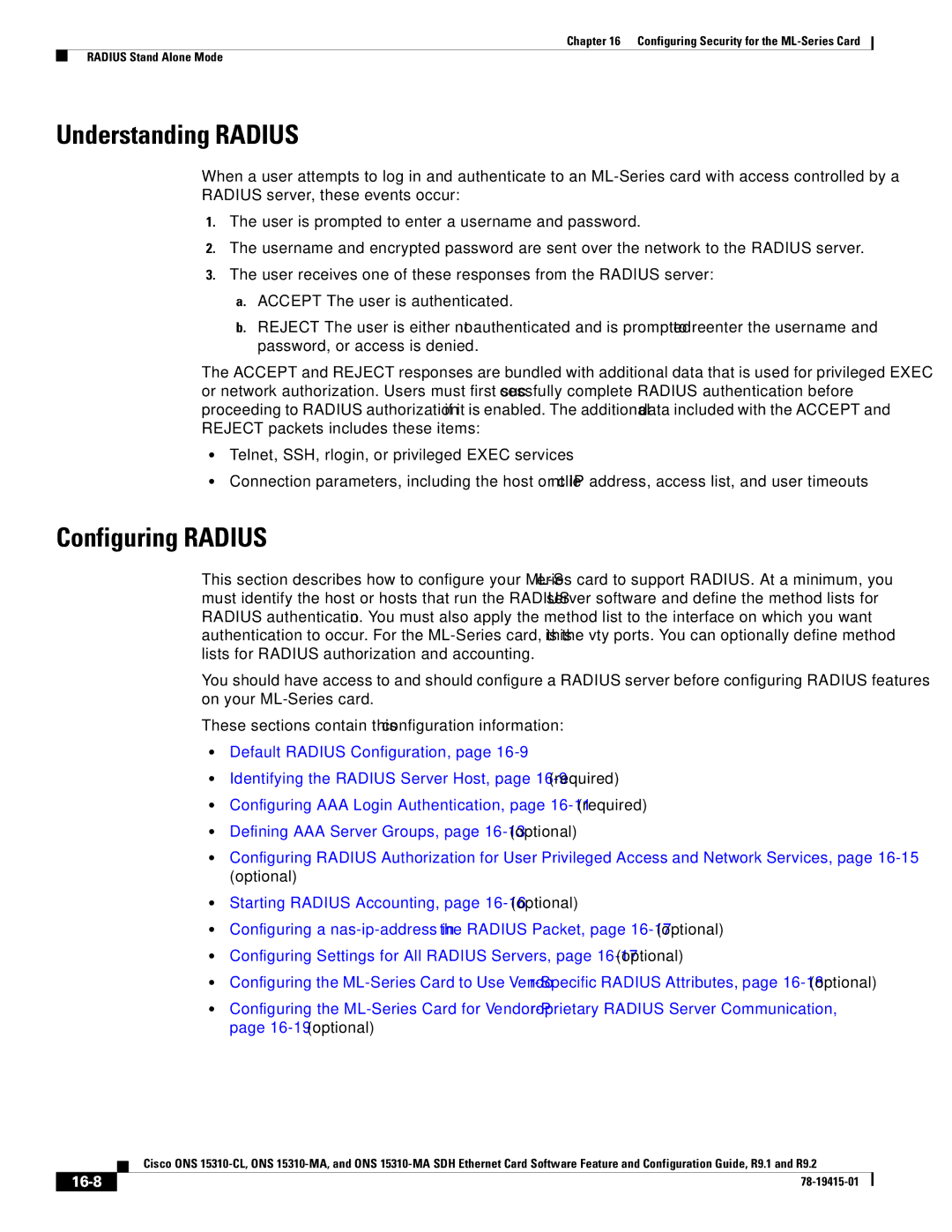 Cisco Systems Cisco ONS 15310-MA, ONS 15310-CL manual Understanding Radius, Configuring Radius, 16-8 