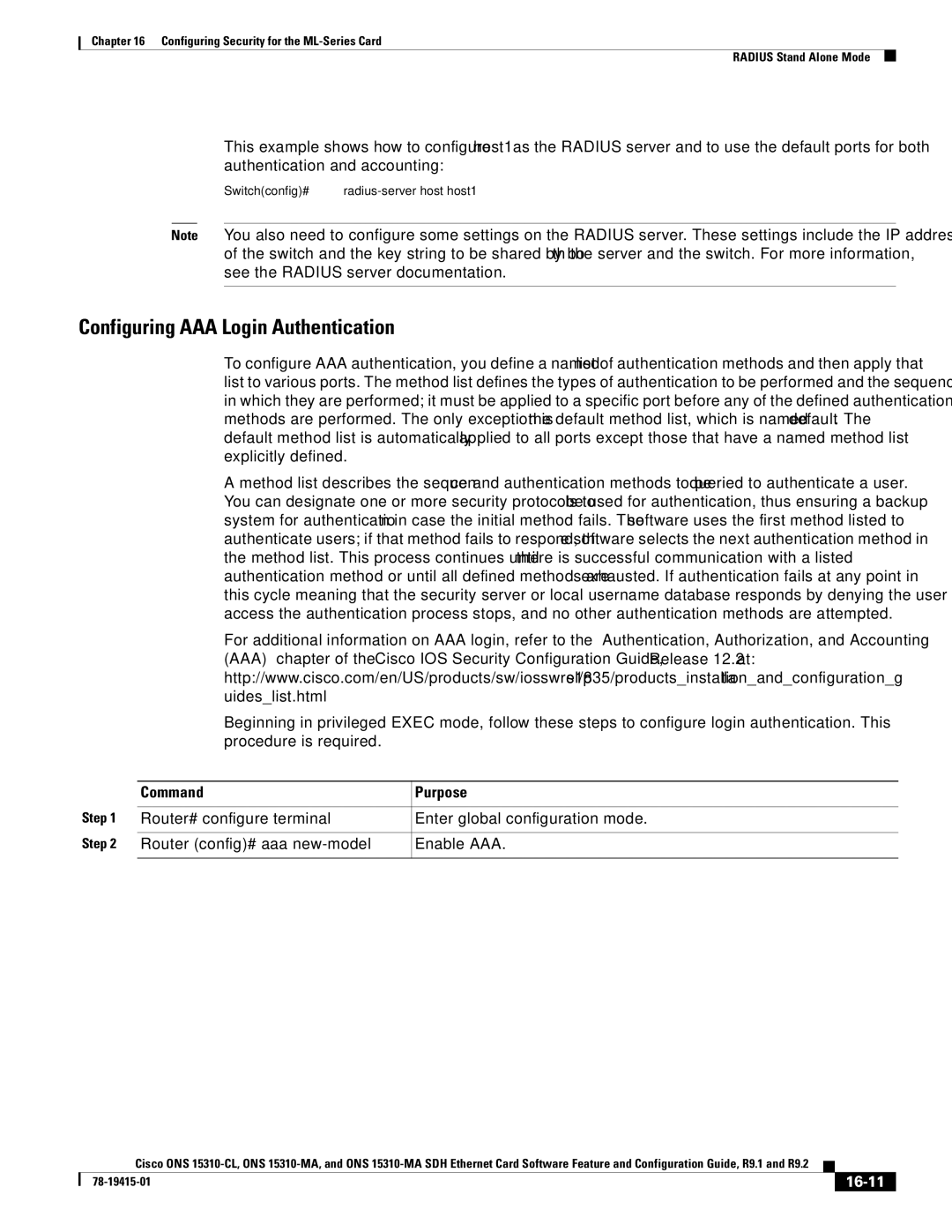 Cisco Systems Cisco ONS 15310-MA Configuring AAA Login Authentication, Router config# aaa new-model Enable AAA, 16-11 