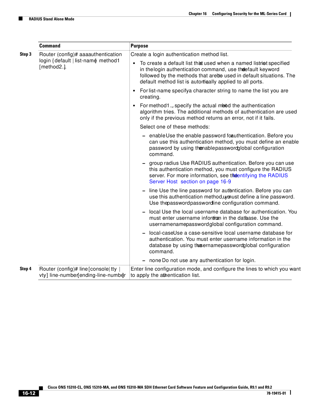 Cisco Systems ONS 15310-CL, ONS 15310-MA manual Router config# aaa authentication, Router config# line console tty, 16-12 