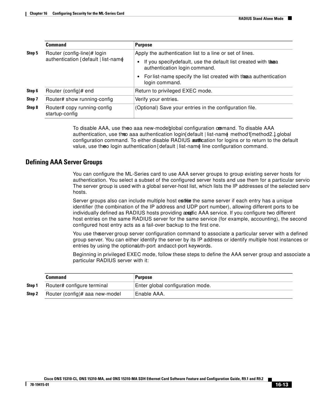 Cisco Systems ONS 15310-MA manual Defining AAA Server Groups, Router config# end Return to privileged Exec mode, 16-13 