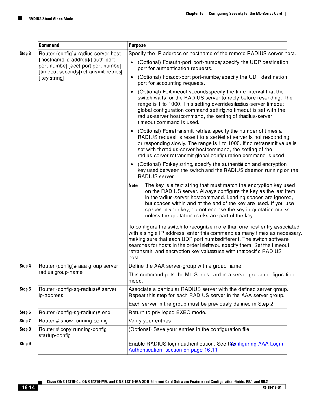 Cisco Systems Cisco ONS 15310-MA, ONS 15310-CL Router config# aaa group server, Router config-sg-radius# server, 16-14 