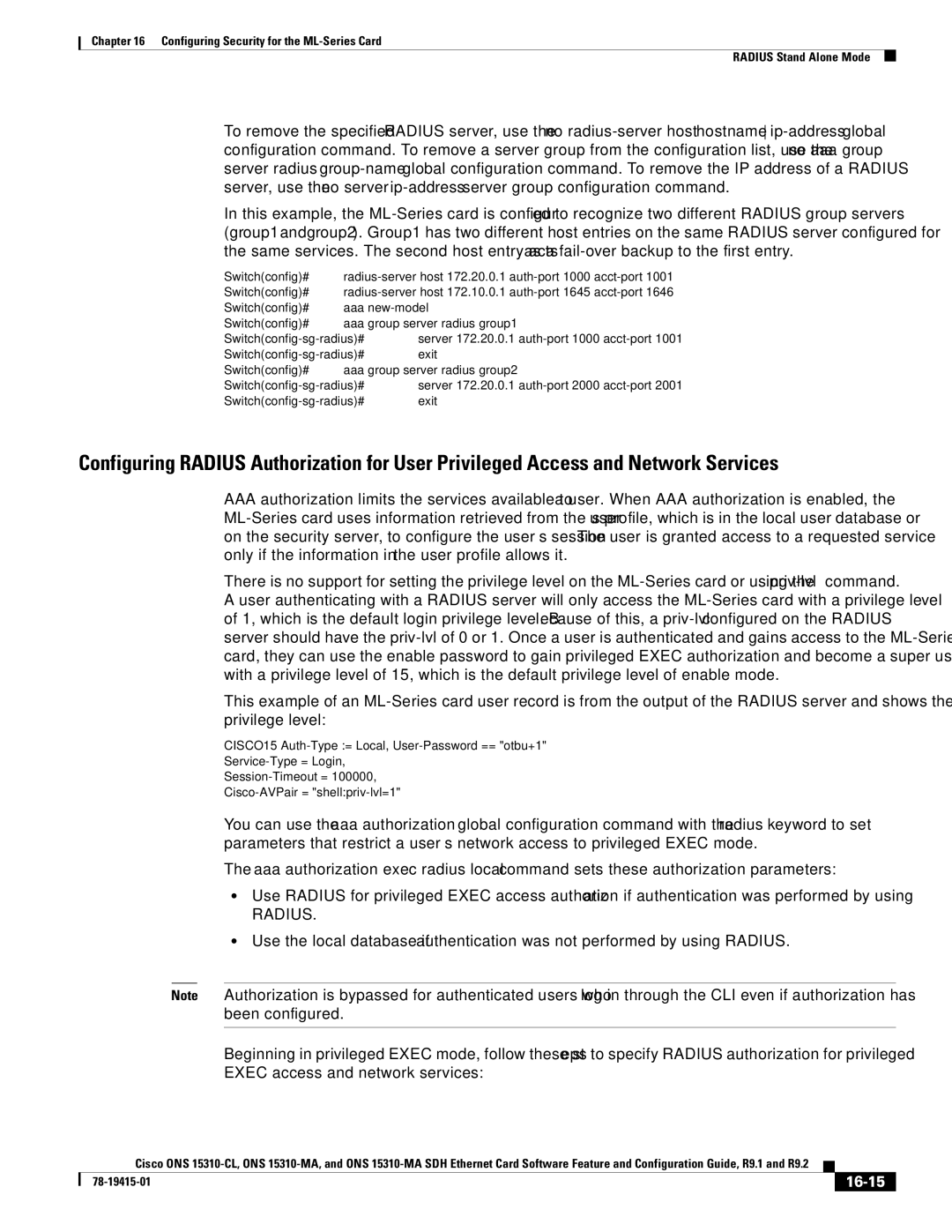 Cisco Systems ONS 15310-CL, ONS 15310-MA manual Radius, 16-15, Switchconfig# aaa new-model, Switchconfig-sg-radius# exit 