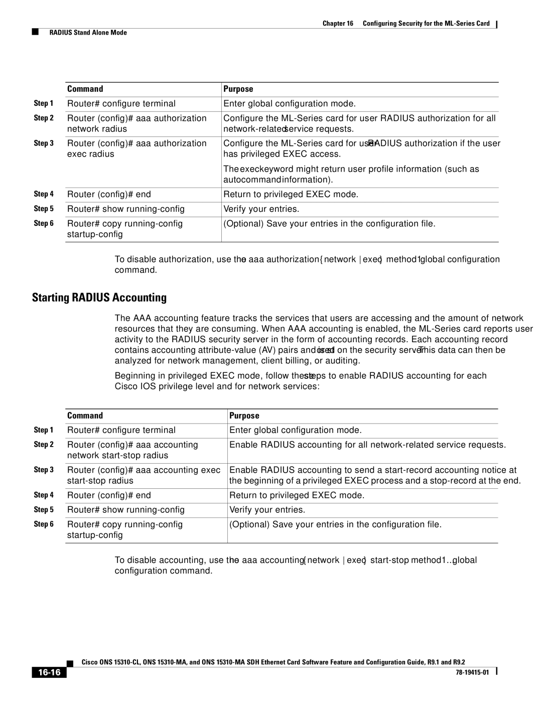 Cisco Systems ONS 15310-CL, Cisco ONS 15310-MA manual Starting Radius Accounting, 16-16 