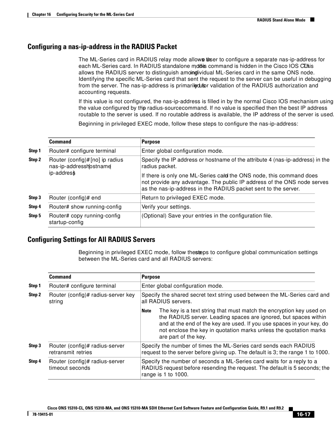 Cisco Systems Cisco ONS 15310-MA, ONS 15310-CL manual Configuring a nas-ip-address in the Radius Packet, 16-17 