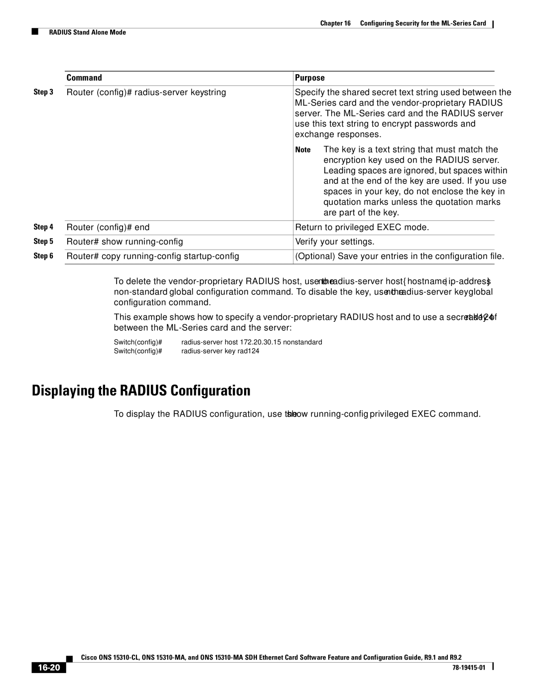 Cisco Systems Cisco ONS 15310-MA, ONS 15310-CL manual Displaying the Radius Configuration, 16-20 