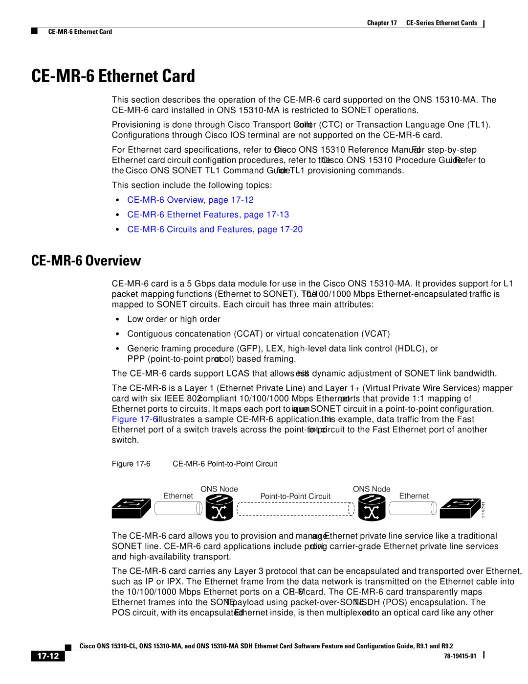 Cisco Systems Cisco ONS 15310-MA, ONS 15310-CL manual CE-MR-6 Ethernet Card, CE-MR-6 Overview, 17-12 