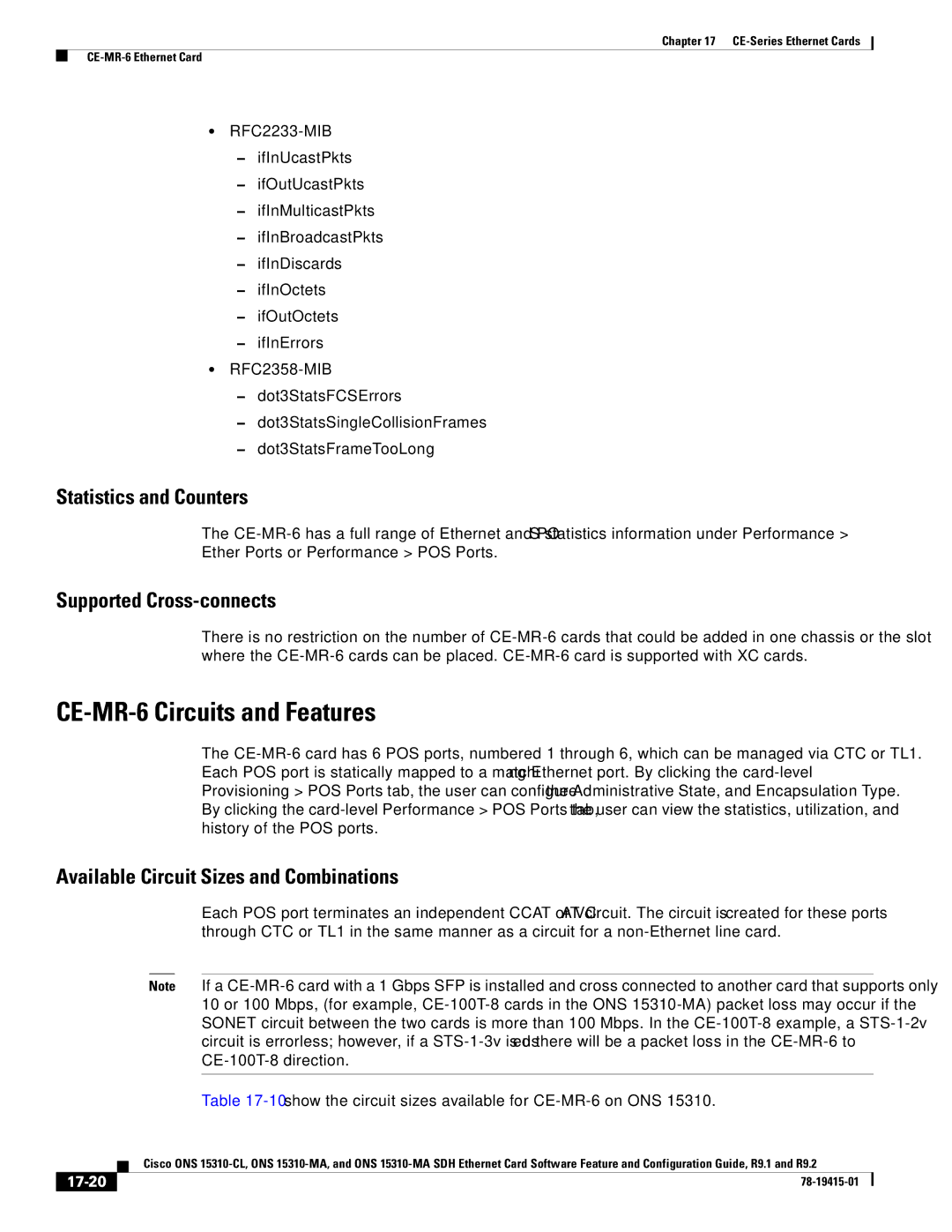 Cisco Systems ONS 15310-CL, Cisco ONS 15310-MA manual CE-MR-6 Circuits and Features, Supported Cross-connects, 17-20 