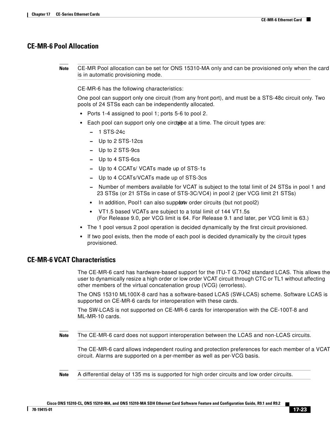 Cisco Systems ONS 15310-CL, Cisco ONS 15310-MA manual CE-MR-6 Pool Allocation, CE-MR-6 Vcat Characteristics, 17-23 