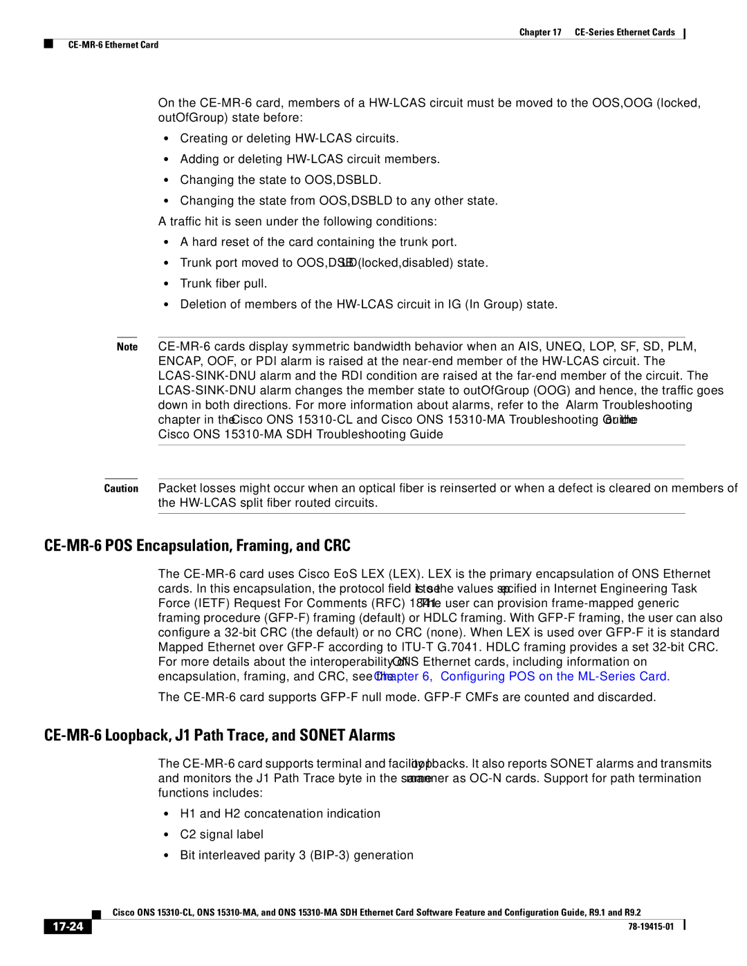 Cisco Systems Cisco ONS 15310-MA, ONS 15310-CL manual CE-MR-6 POS Encapsulation, Framing, and CRC, 17-24 