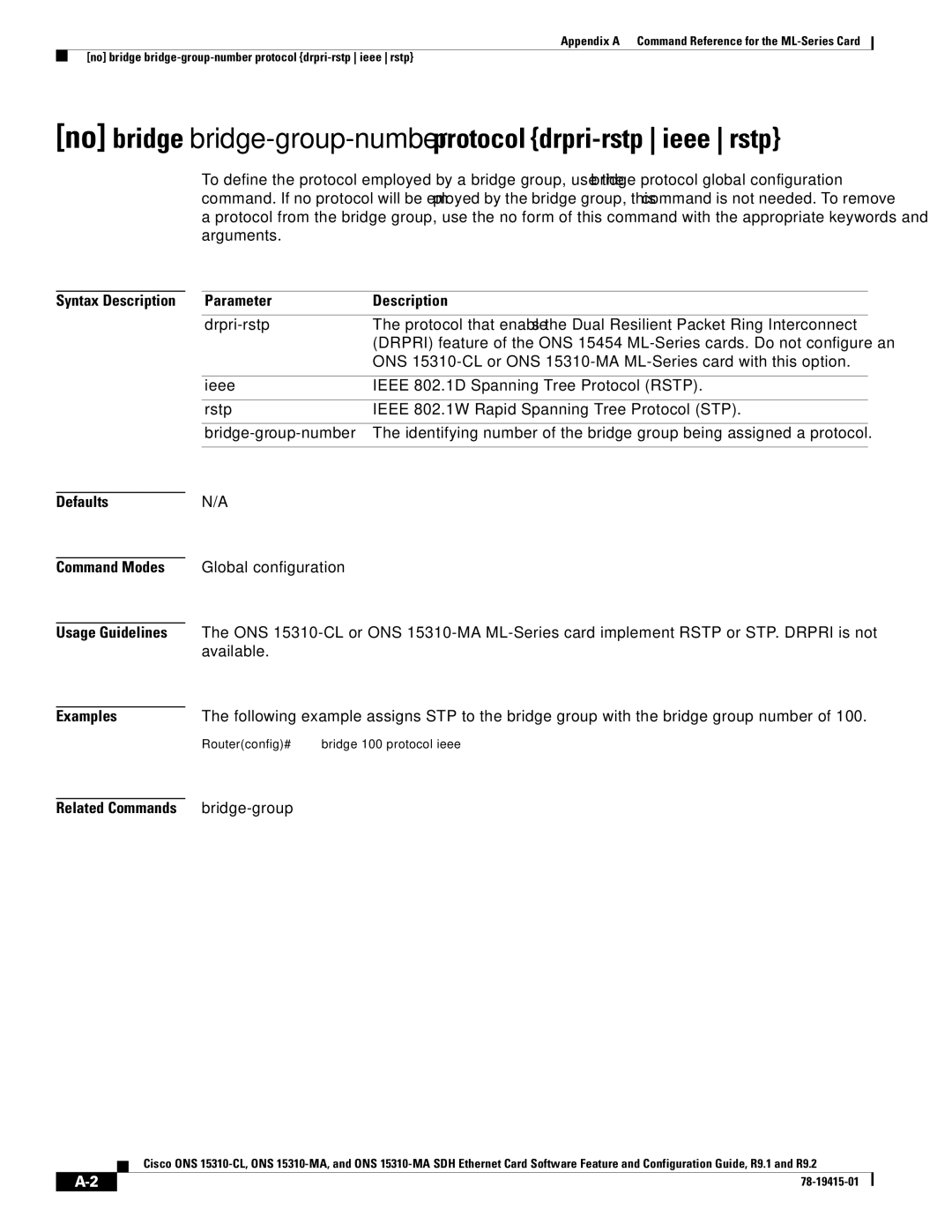 Cisco Systems ONS 15310-CL, ONS 15310-MA manual Drpri-rstp, Ieee, Rstp, Bridge-group-number, Related Commands bridge-group 