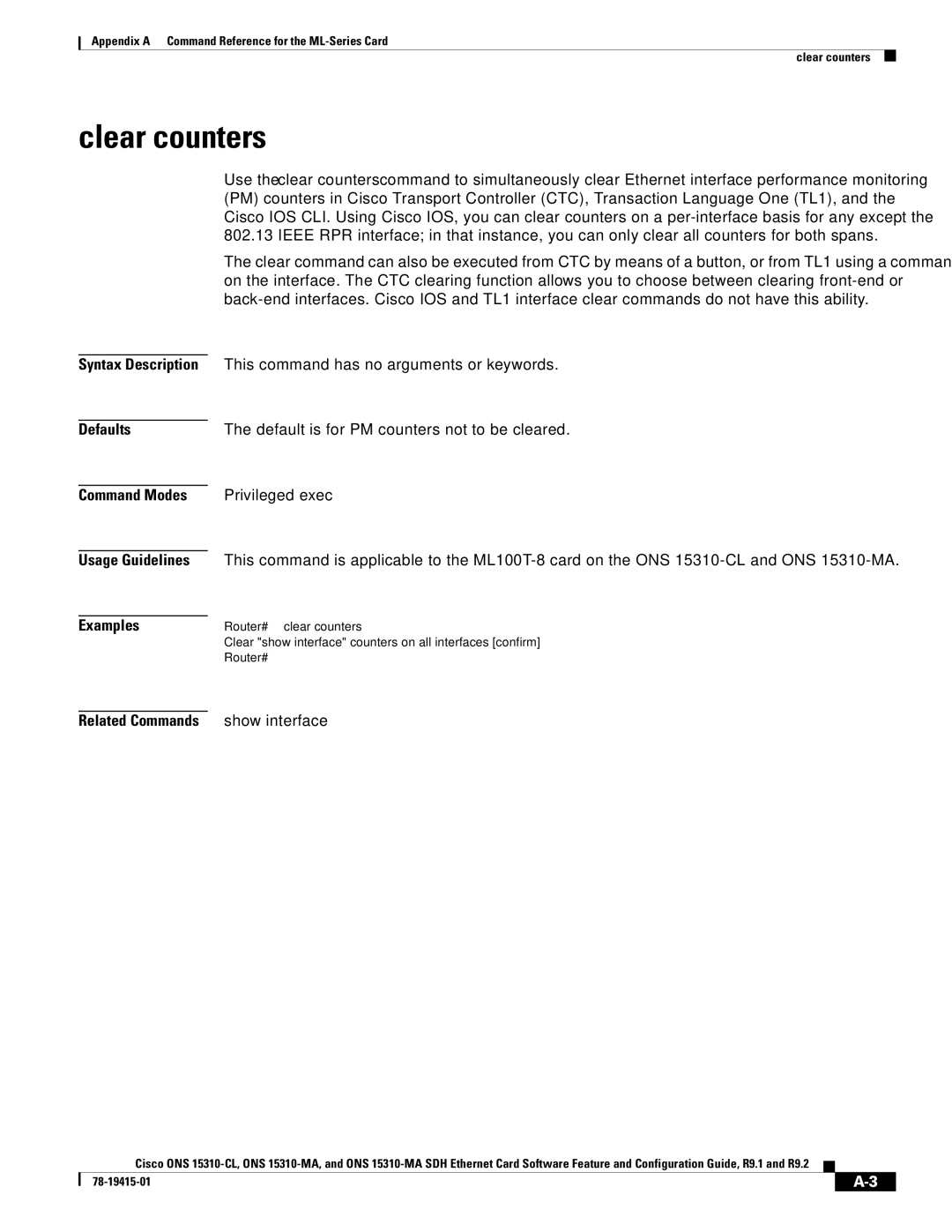 Cisco Systems ONS 15310-MA, ONS 15310-CL manual Clear counters, Related Commands show interface, Router# clear counters 