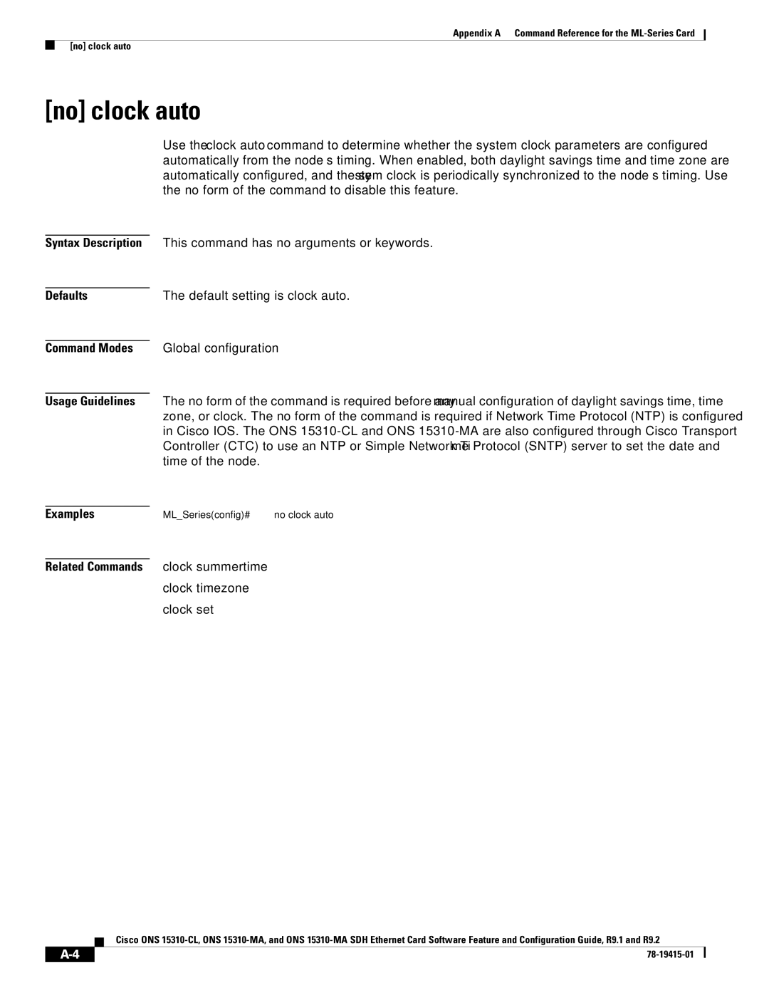 Cisco Systems Cisco ONS 15310-MA No clock auto, Syntax Description Defaults Command Modes Usage Guidelines, Clock timezone 