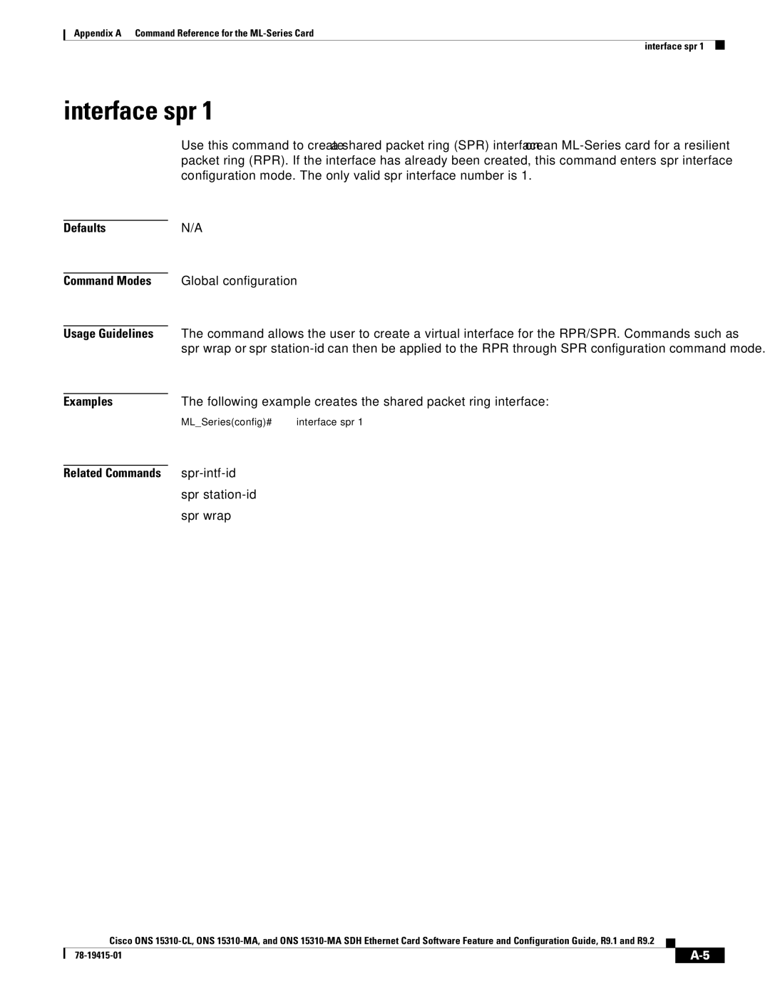 Cisco Systems ONS 15310-CL, Cisco ONS 15310-MA manual Interface spr, Defaults Command Modes 