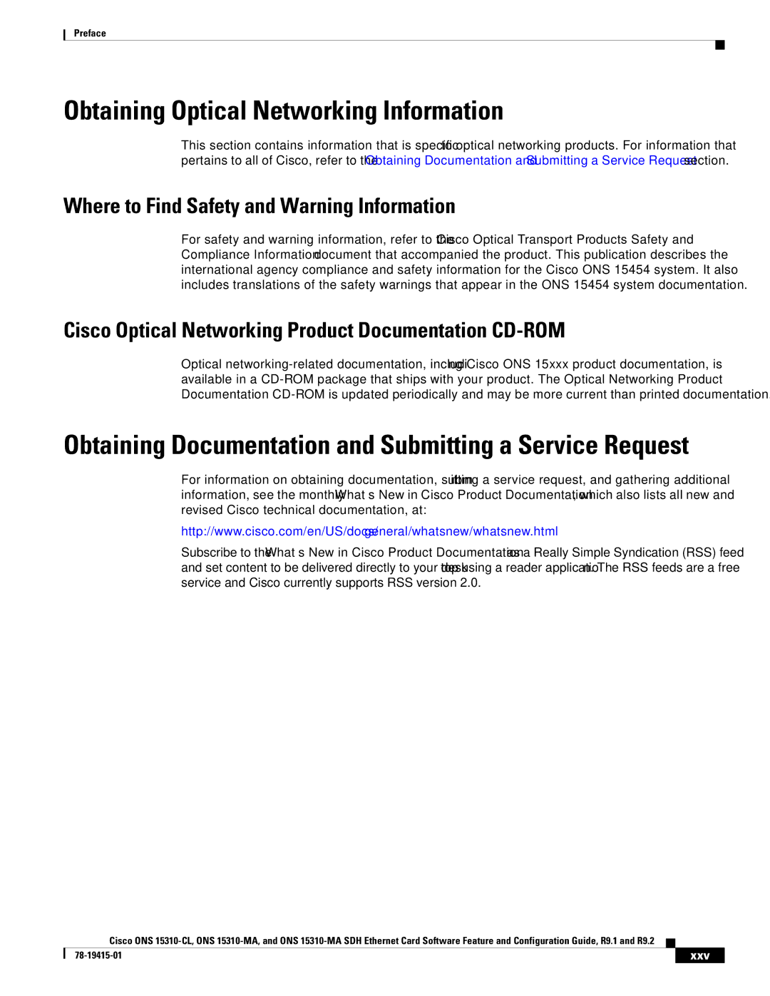 Cisco Systems ONS 15310-MA Obtaining Optical Networking Information, Where to Find Safety and Warning Information, Xxv 
