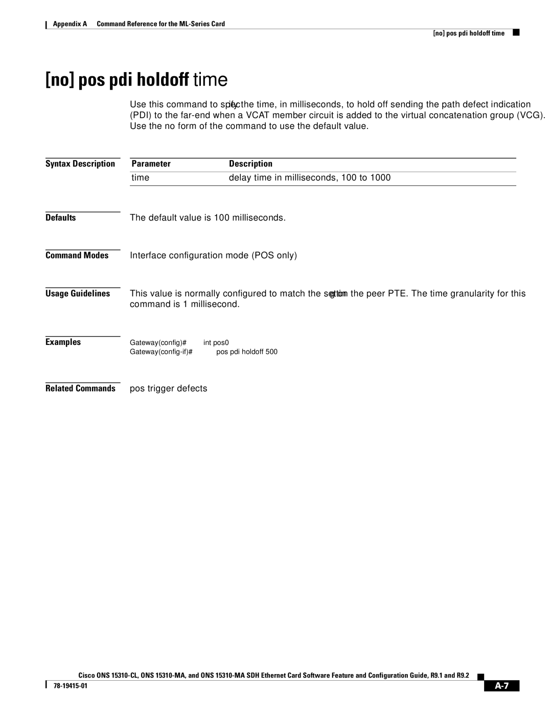 Cisco Systems Cisco ONS 15310-MA, ONS 15310-CL manual No pos pdi holdoff time 