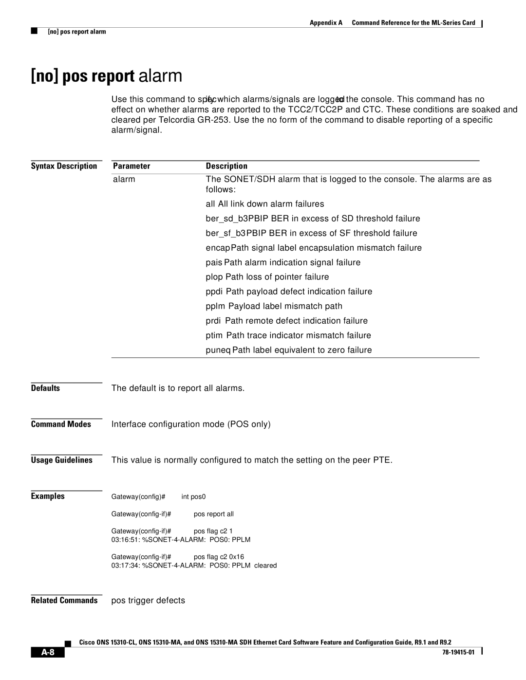 Cisco Systems ONS 15310-CL, Cisco ONS 15310-MA manual No pos report alarm, Related Commands, Pos trigger defects 