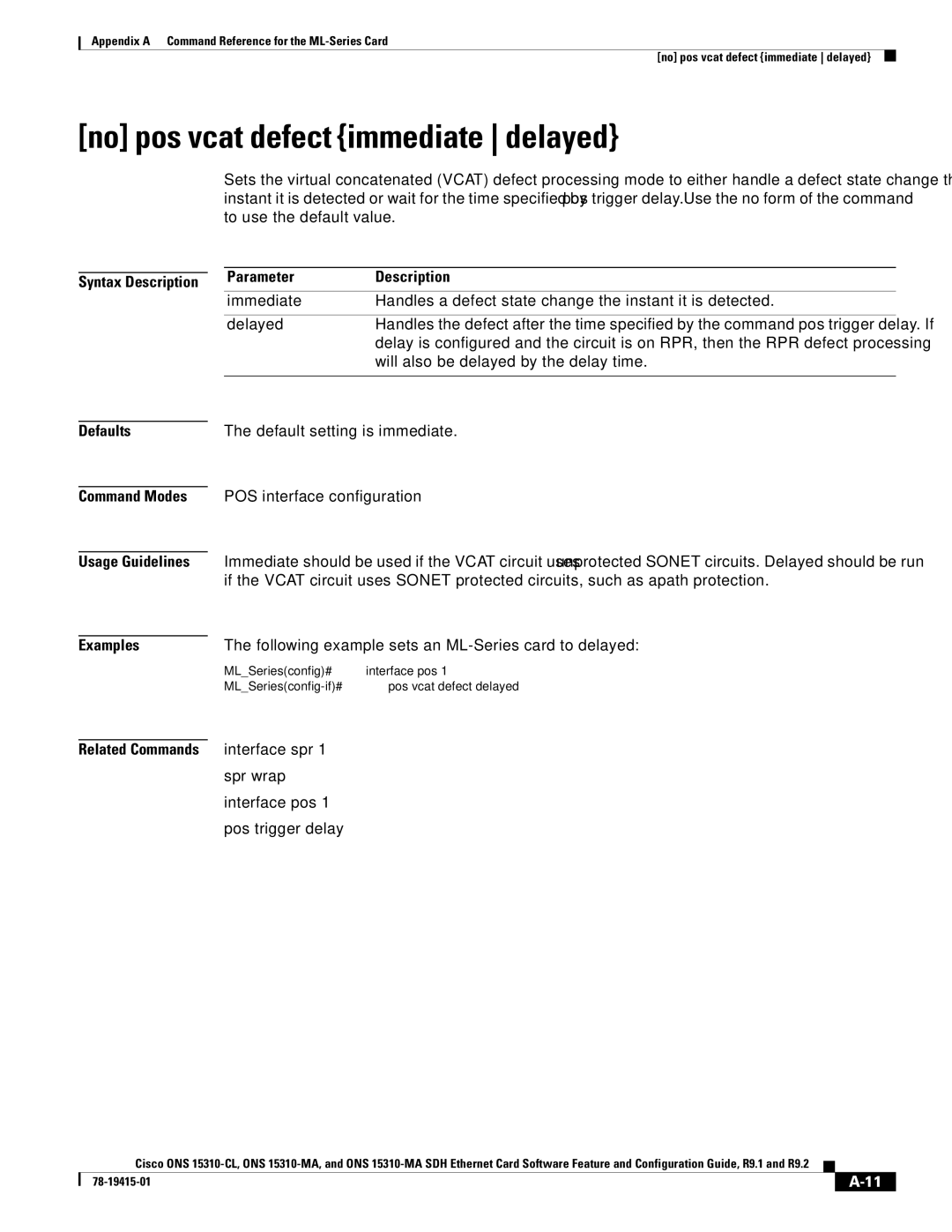 Cisco Systems ONS 15310-CL, ONS 15310-MA No pos vcat defect immediate delayed, Parameter Description, Immediate, Delayed 