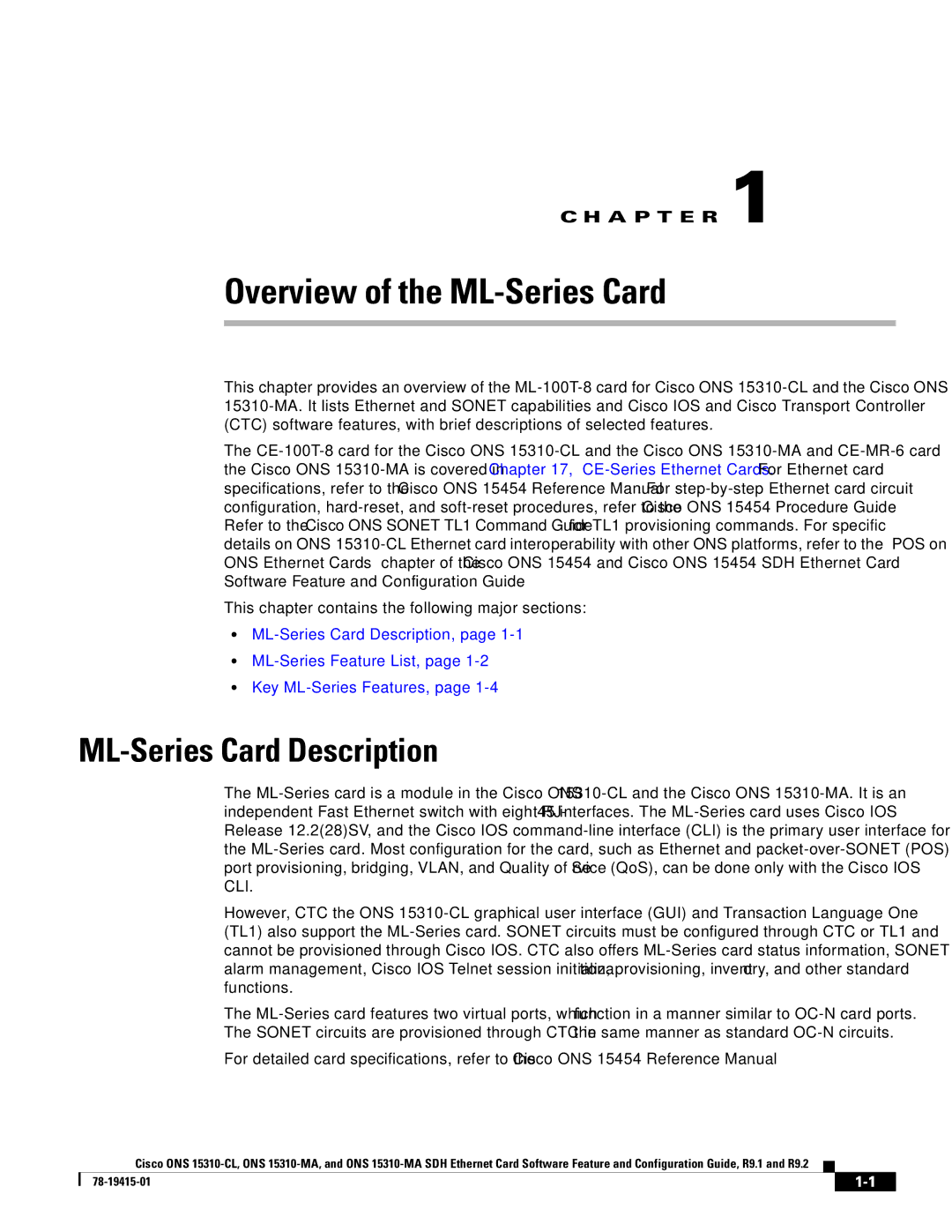 Cisco Systems ONS 15310-CL, Cisco ONS 15310-MA manual Overview of the ML-Series Card, ML-Series Card Description 