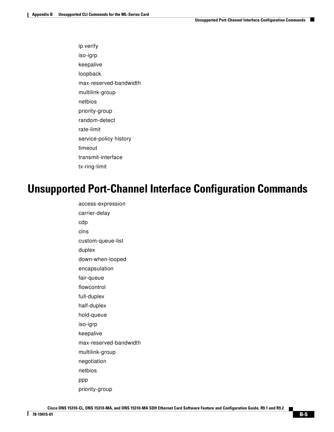 Cisco Systems ONS 15310-CL, Cisco ONS 15310-MA manual Unsupported Port-Channel Interface Configuration Commands 