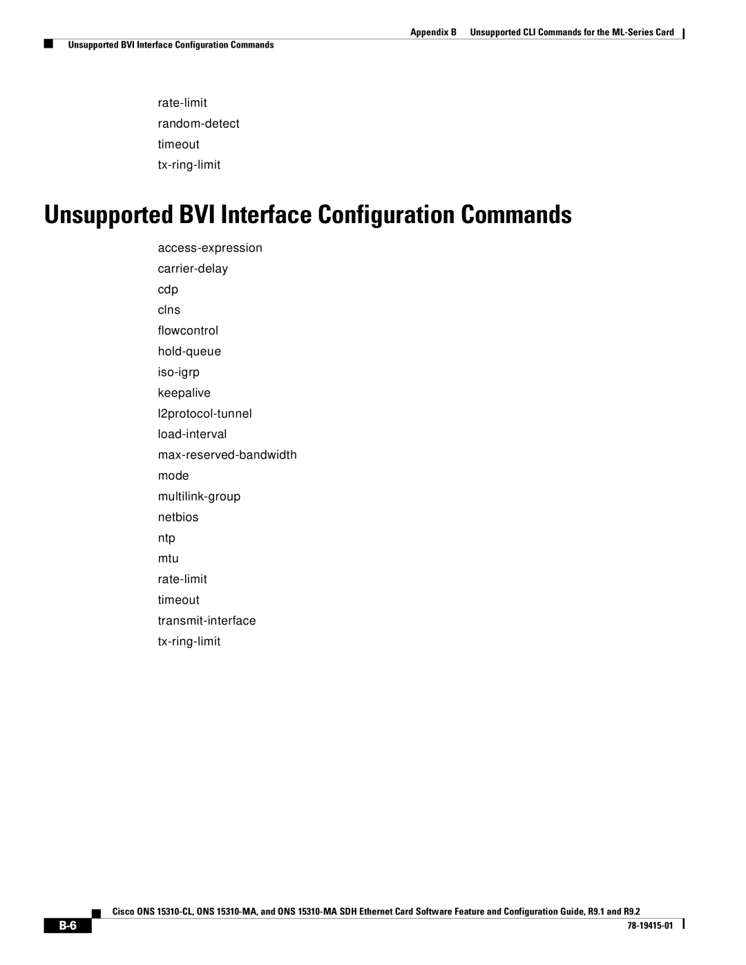 Cisco Systems ONS 15310-CL, Cisco ONS 15310-MA manual Unsupported BVI Interface Configuration Commands 