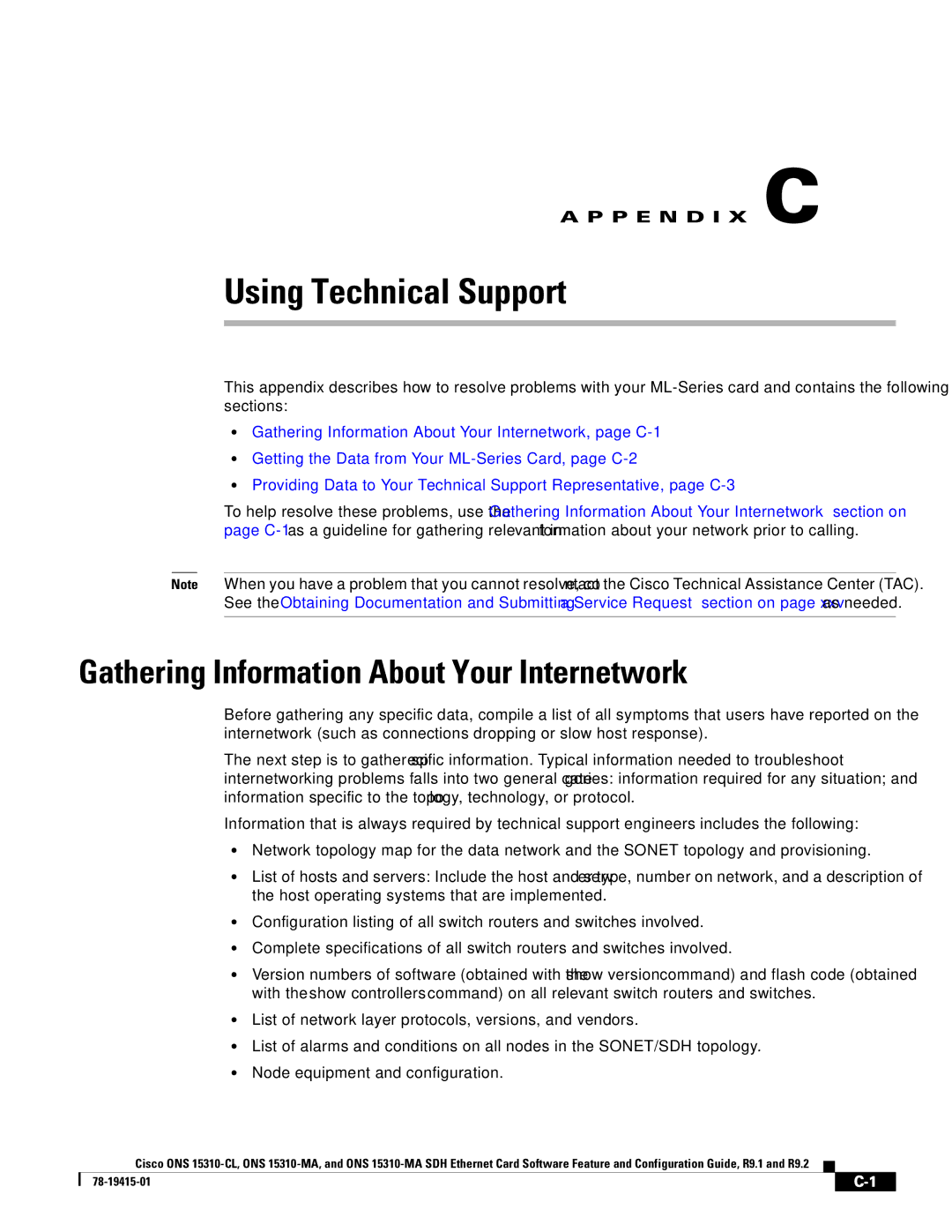 Cisco Systems Cisco ONS 15310-MA, ONS 15310-CL manual Using Technical Support, Gathering Information About Your Internetwork 