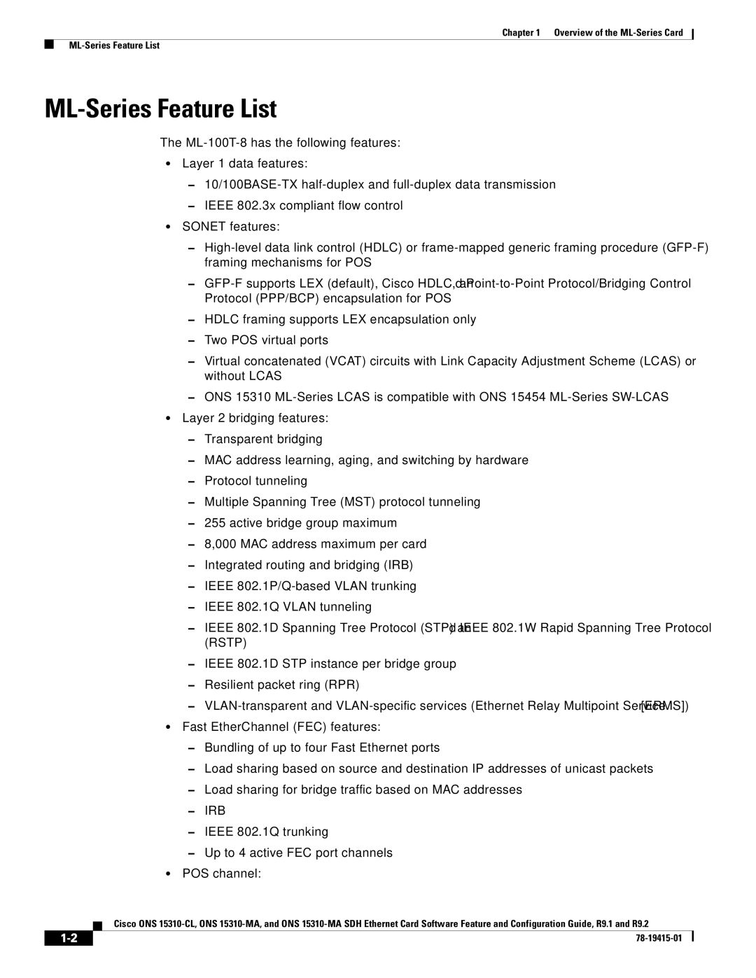 Cisco Systems ONS 15310-CL, Cisco ONS 15310-MA manual ML-Series Feature List, Irb 