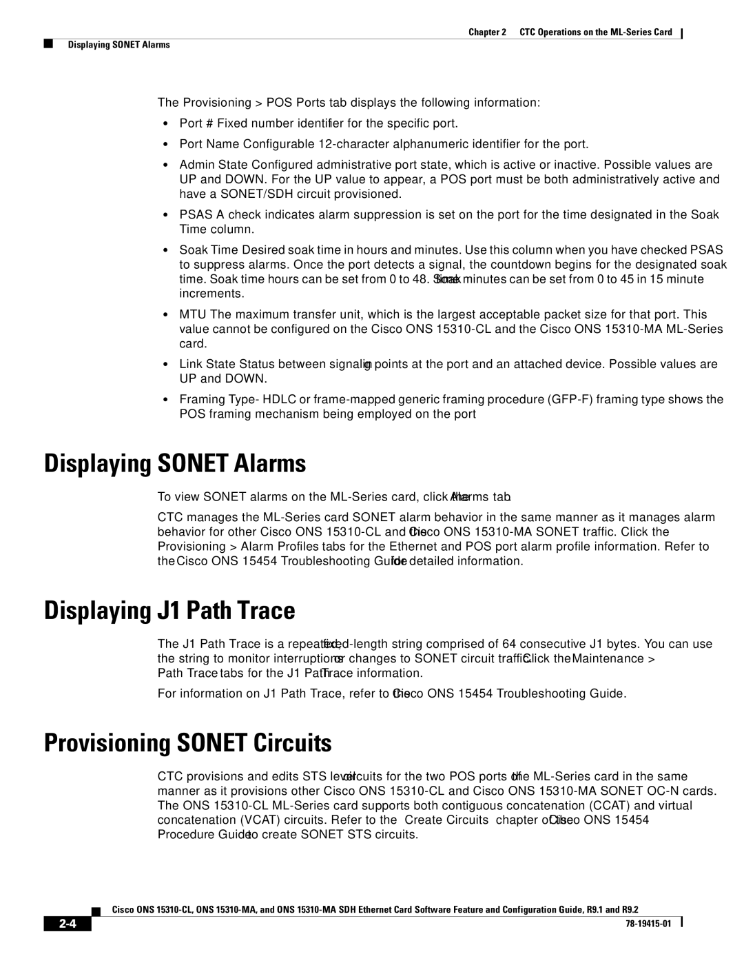 Cisco Systems ONS 15310-CL, ONS 15310-MA Displaying Sonet Alarms, Displaying J1 Path Trace, Provisioning Sonet Circuits 