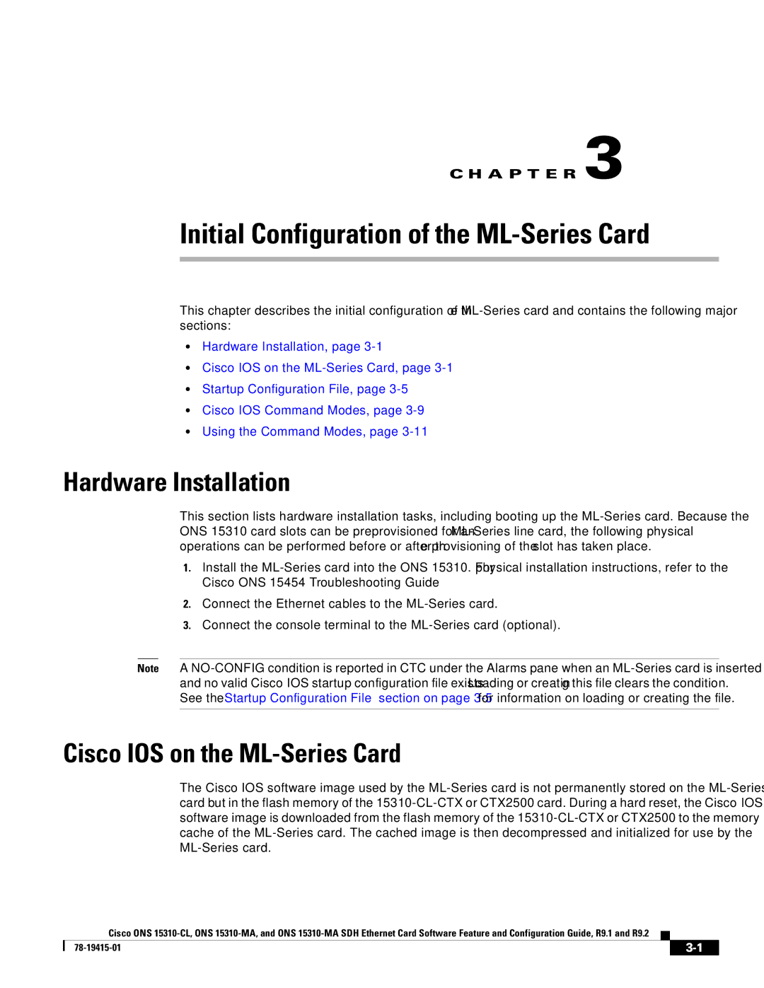 Cisco Systems ONS 15310-CL, ONS 15310-MA manual Initial Configuration of the ML-Series Card, Hardware Installation 