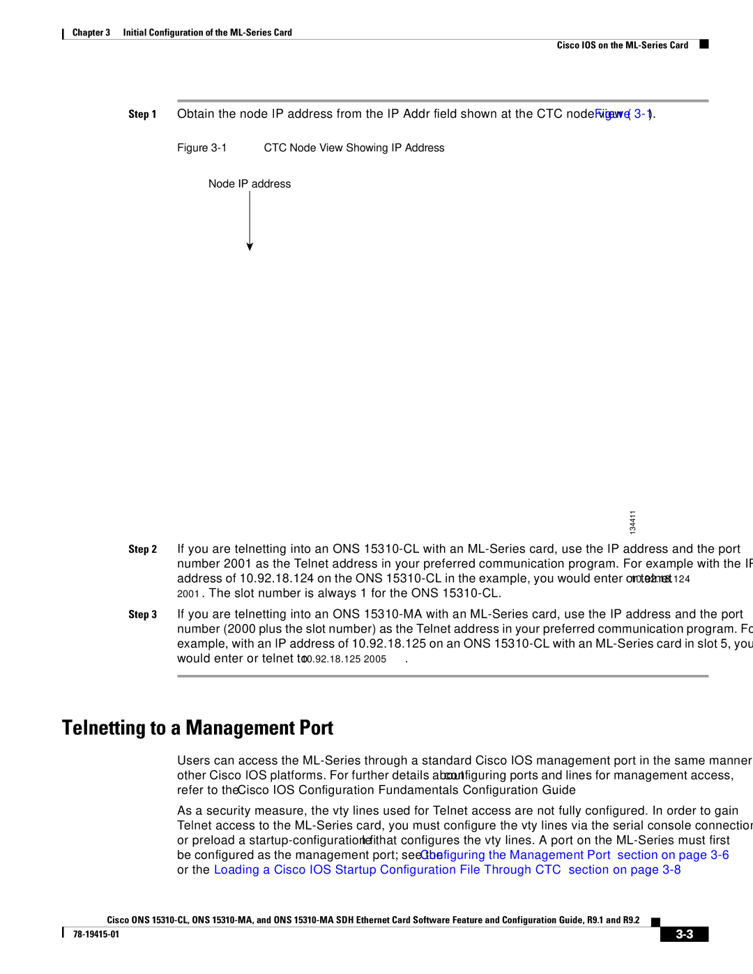 Cisco Systems Cisco ONS 15310-MA, ONS 15310-CL manual Telnetting to a Management Port, CTC Node View Showing IP Address 