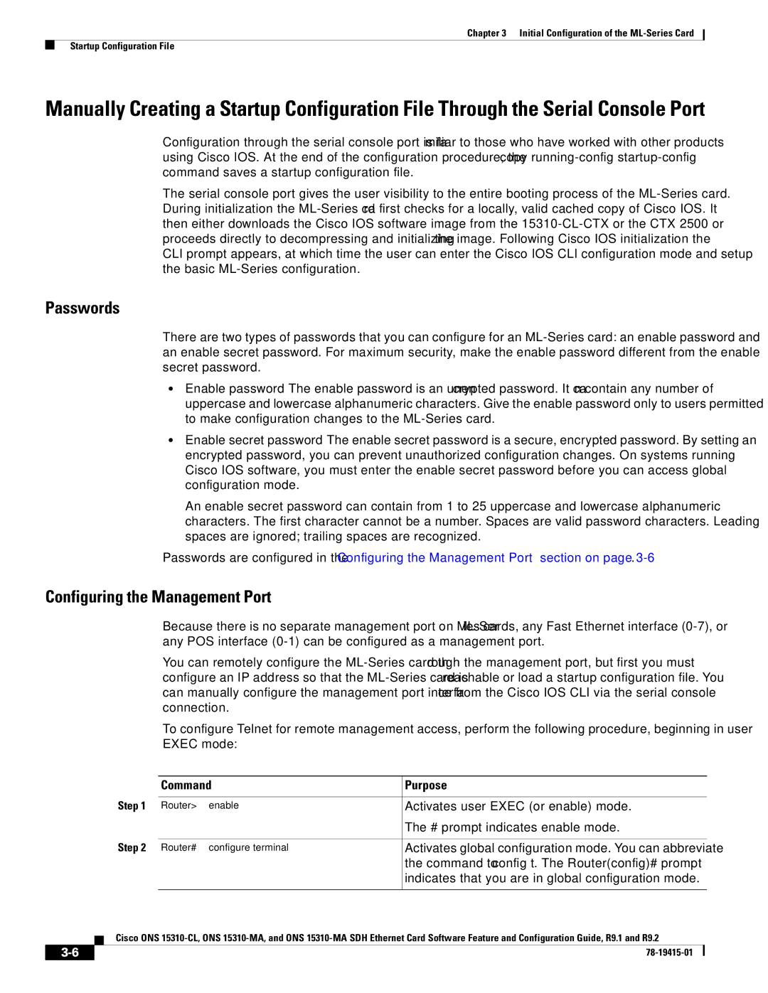 Cisco Systems Cisco ONS 15310-MA, ONS 15310-CL Passwords, Configuring the Management Port, Command Purpose, Router enable 