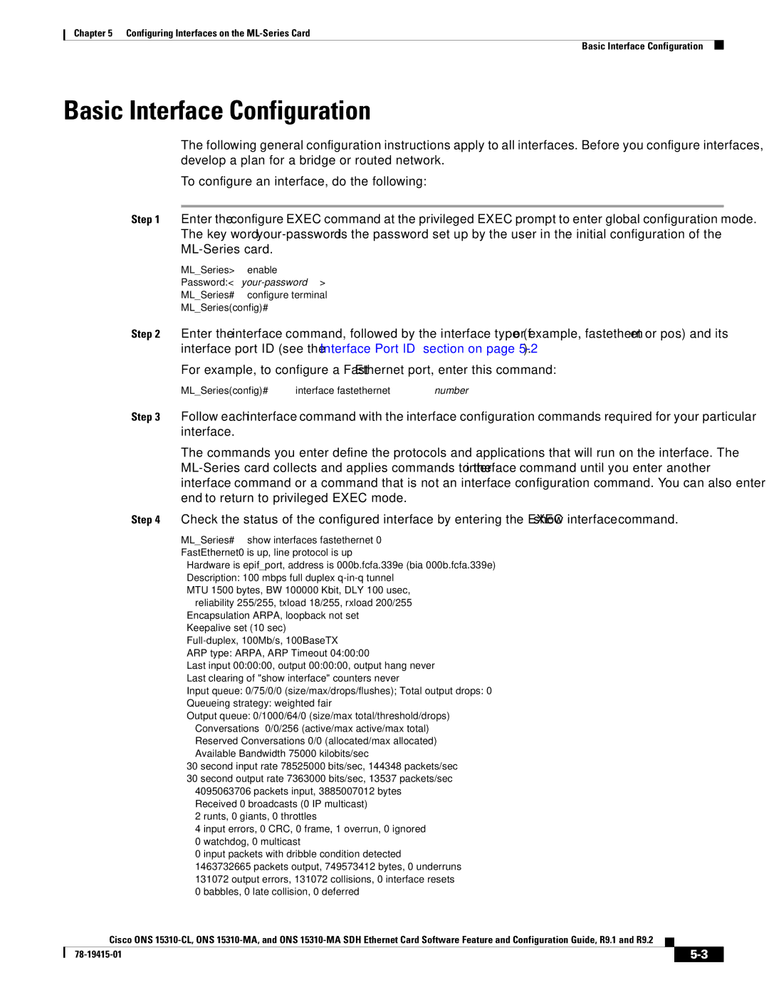 Cisco Systems Cisco ONS 15310-MA, ONS 15310-CL manual Basic Interface Configuration, MLSeries# configure terminal 