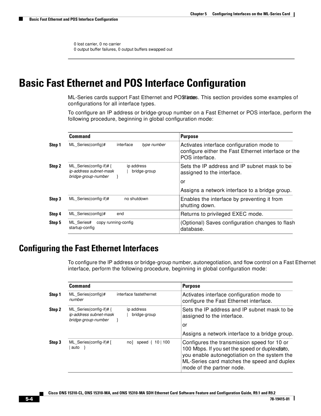 Cisco Systems ONS 15310-CL Basic Fast Ethernet and POS Interface Configuration, Configuring the Fast Ethernet Interfaces 