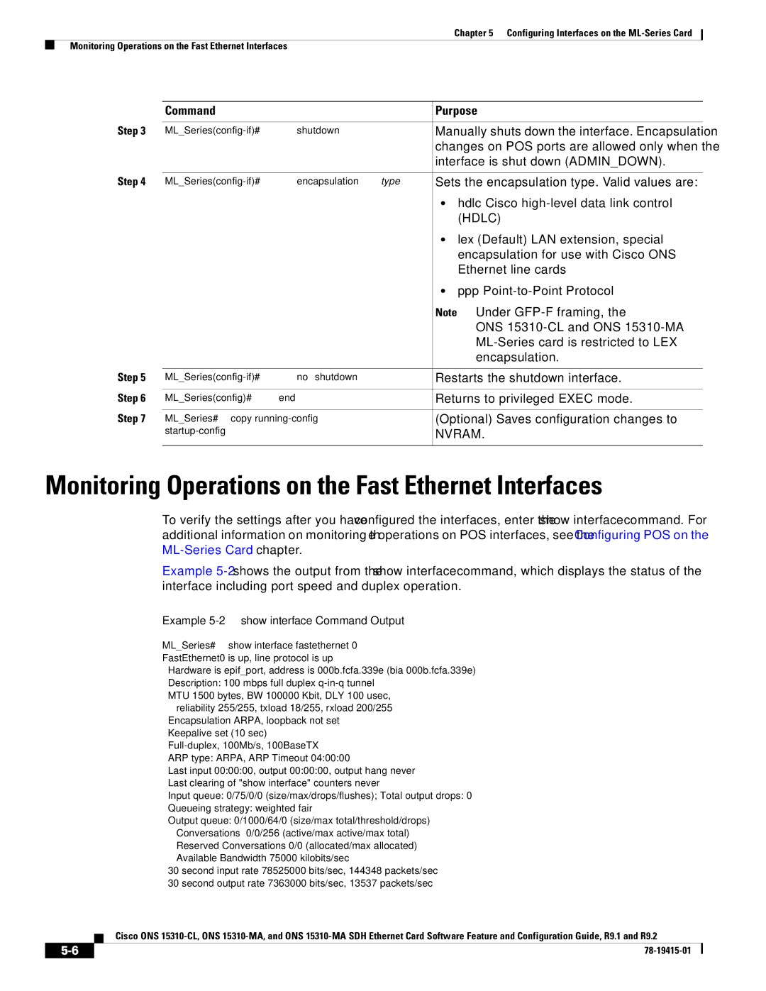 Cisco Systems Cisco ONS 15310-MA, ONS 15310-CL manual Monitoring Operations on the Fast Ethernet Interfaces, Hdlc 