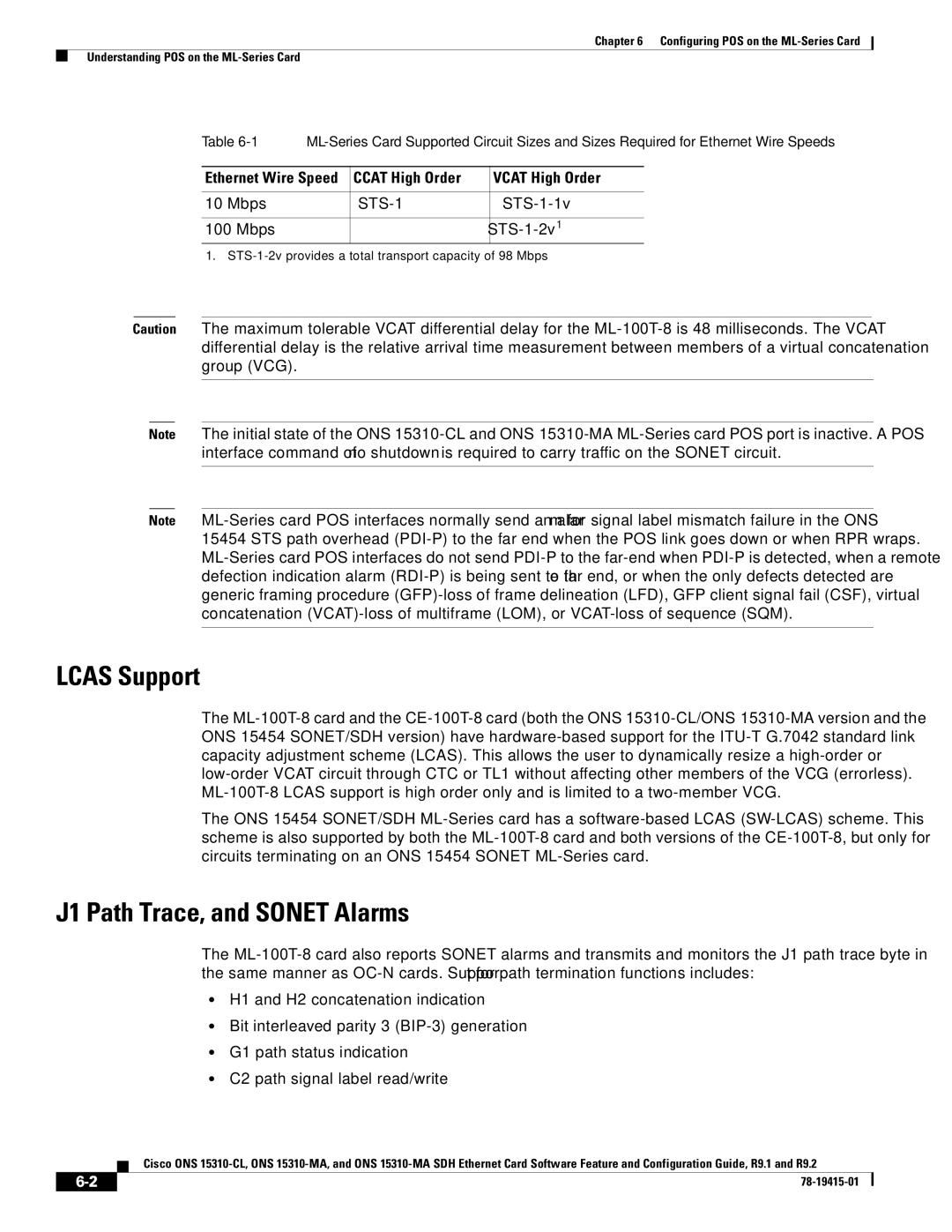 Cisco Systems ONS 15310-CL, ONS 15310-MA Lcas Support, J1 Path Trace, and Sonet Alarms, Ccat High Order Vcat High Order 