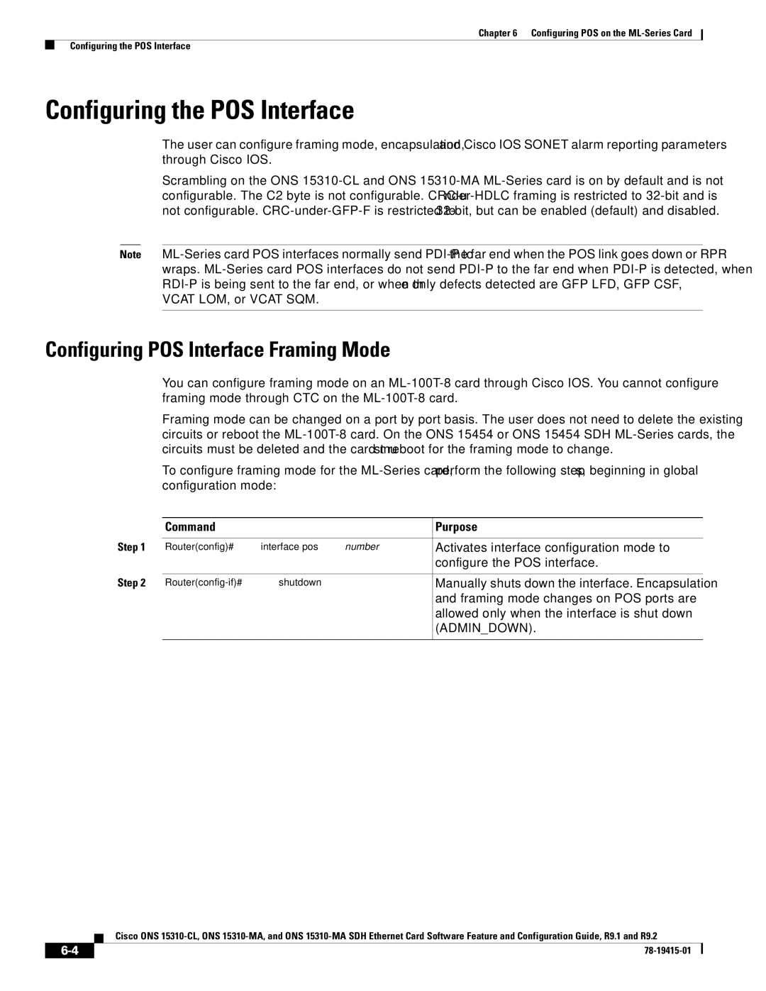 Cisco Systems Cisco ONS 15310-MA manual Configuring the POS Interface, Configuring POS Interface Framing Mode, Admindown 