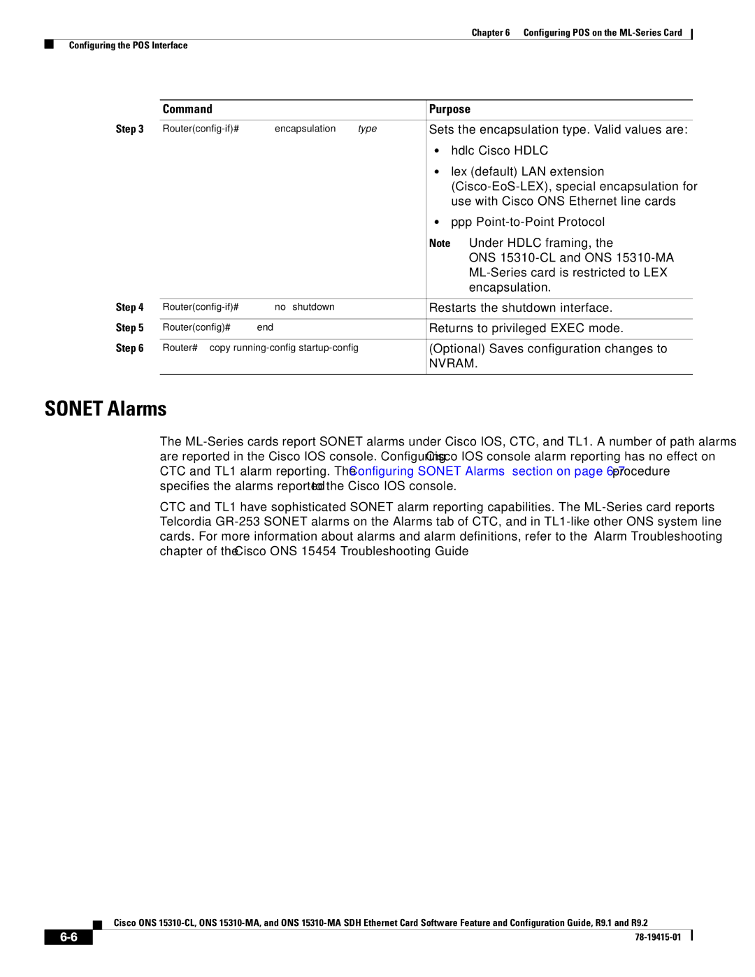 Cisco Systems ONS 15310-CL, Cisco ONS 15310-MA manual Sonet Alarms, Hdlc-Cisco Hdlc, Lex-default LAN extension 