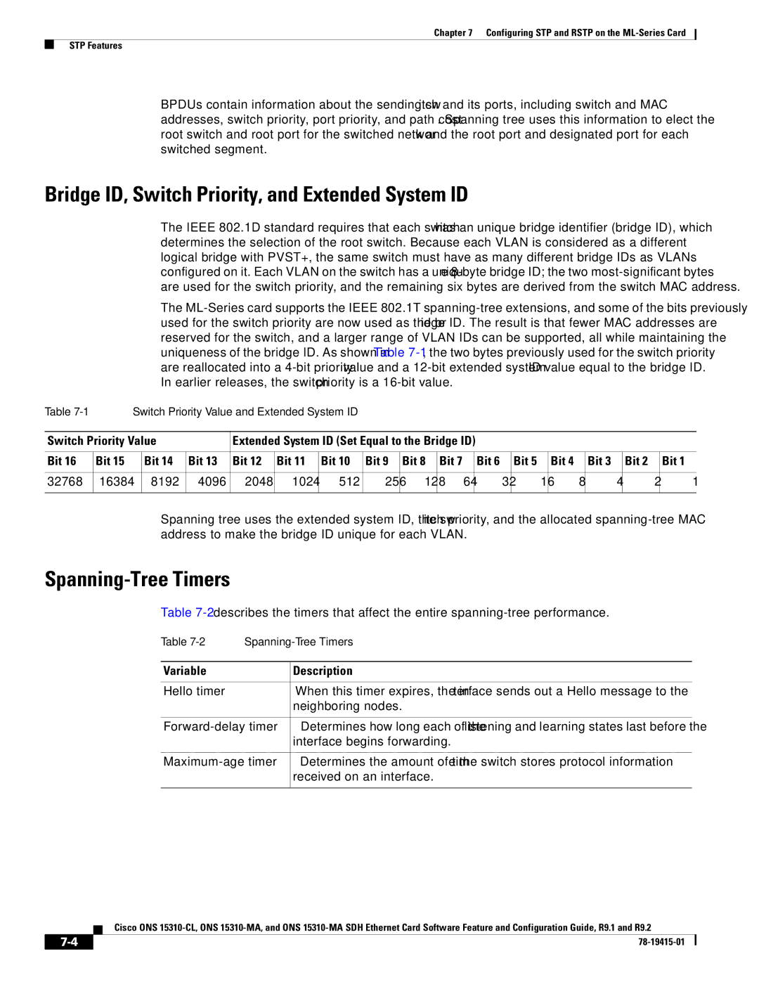 Cisco Systems ONS 15310-CL Bridge ID, Switch Priority, and Extended System ID, Spanning-Tree Timers, Switch Priority Value 