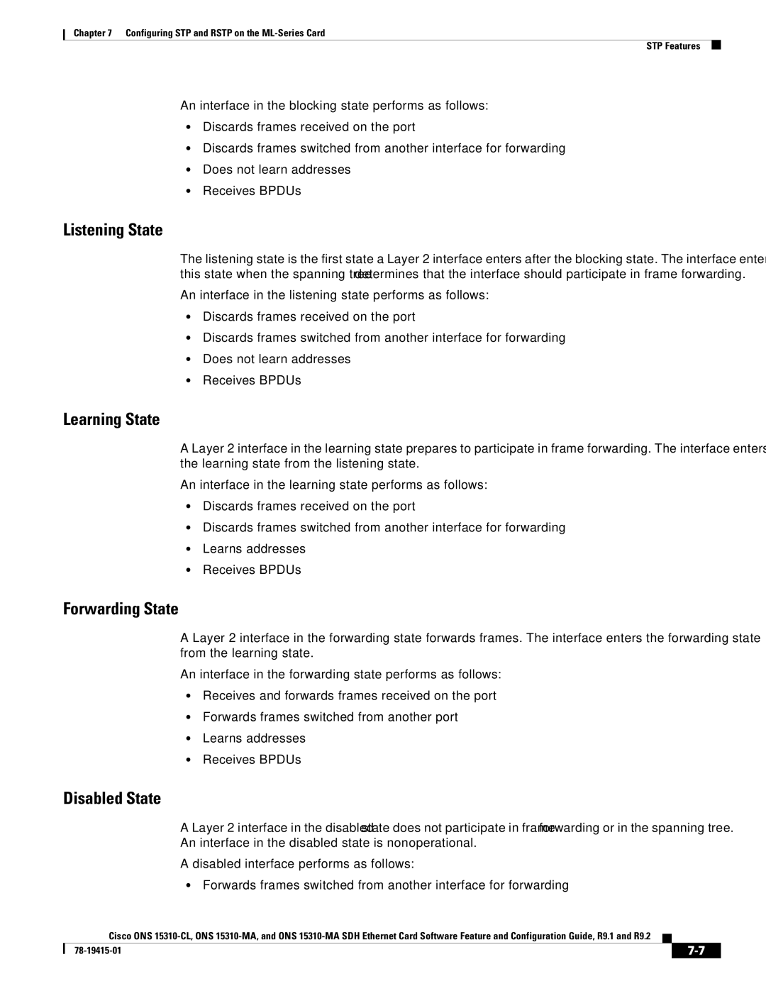 Cisco Systems ONS 15310-CL, ONS 15310-MA manual Listening State, Learning State, Forwarding State, Disabled State 