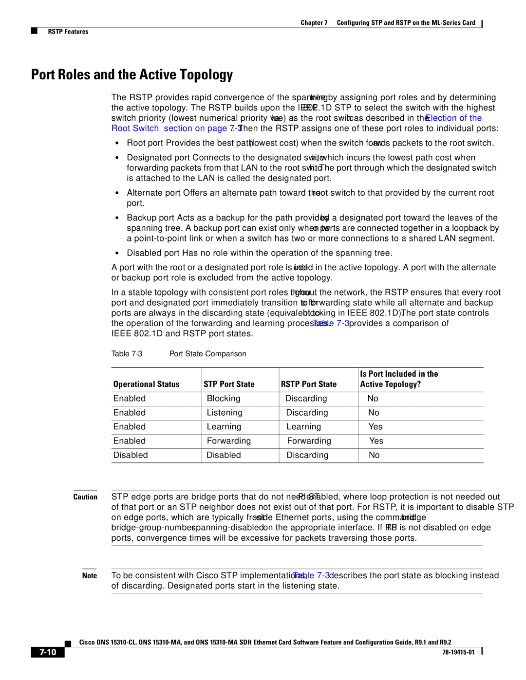 Cisco Systems ONS 15310-CL, ONS 15310-MA manual Port Roles and the Active Topology, Is Port Included, Port State Comparison 