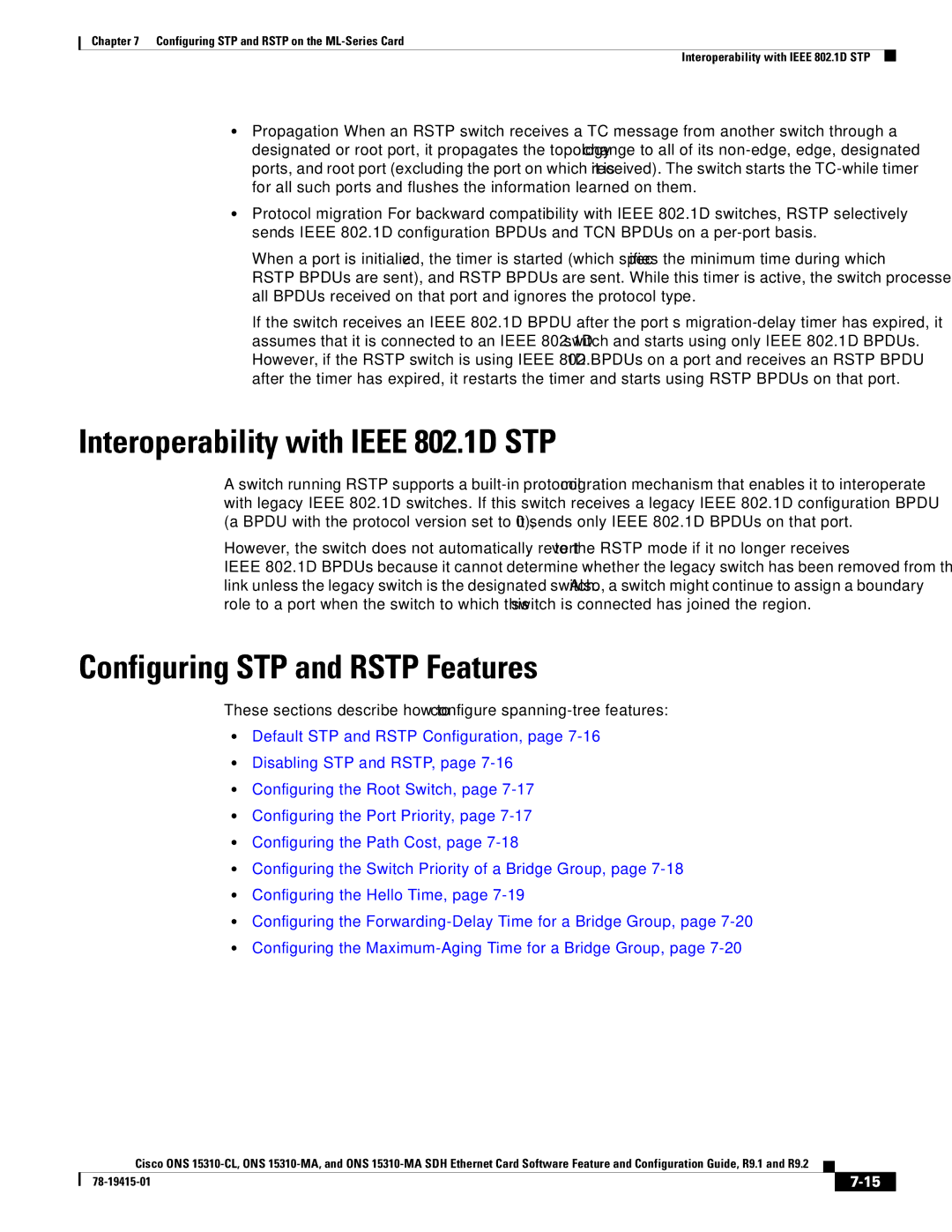 Cisco Systems Cisco ONS 15310-MA, ONS 15310-CL Interoperability with Ieee 802.1D STP, Configuring STP and Rstp Features 