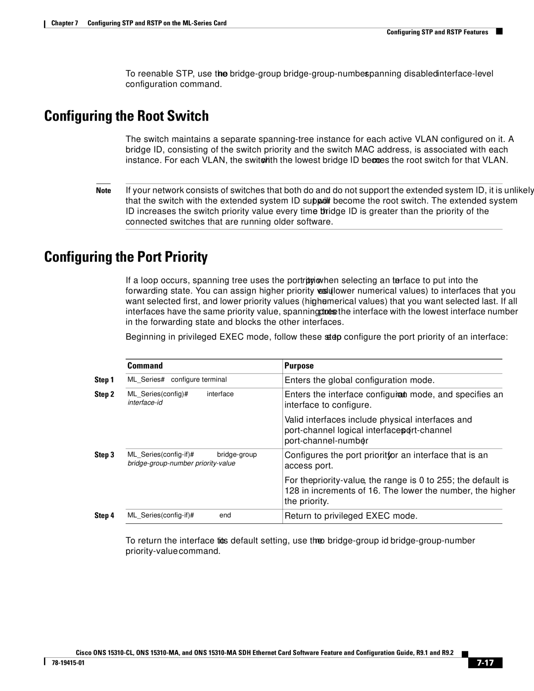 Cisco Systems ONS 15310-MA, ONS 15310-CL Configuring the Root Switch, Configuring the Port Priority, Port-channel-number 