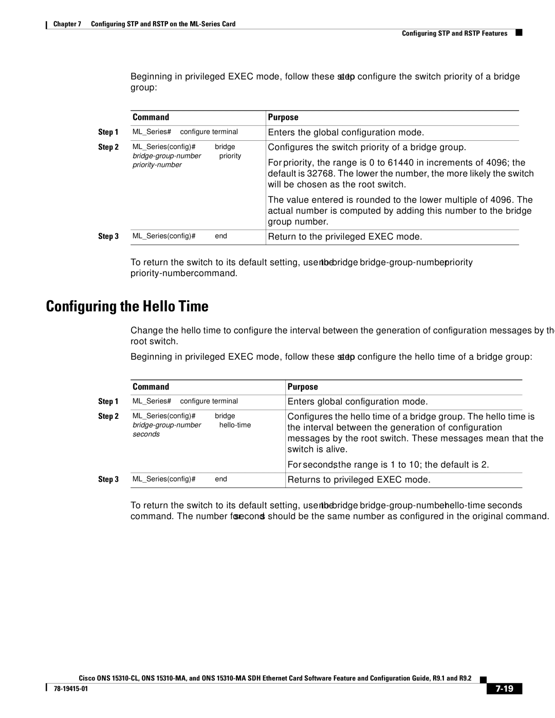 Cisco Systems ONS 15310-CL, Cisco ONS 15310-MA manual Configuring the Hello Time 