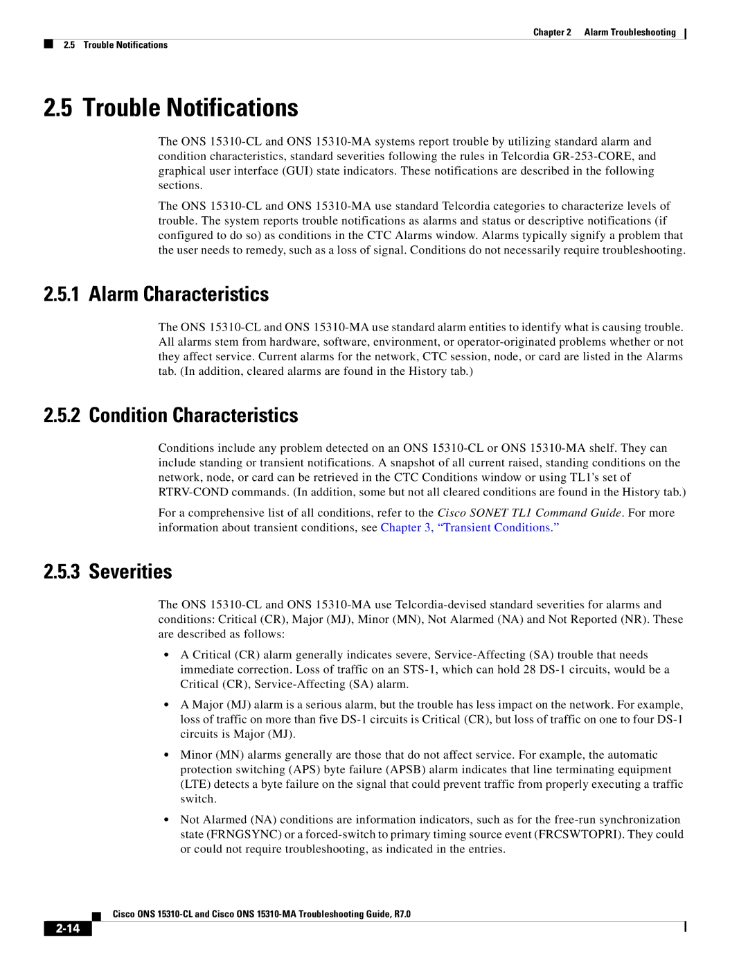 Cisco Systems ONS 15310-CL manual Trouble Notifications, Alarm Characteristics, Condition Characteristics, Severities 