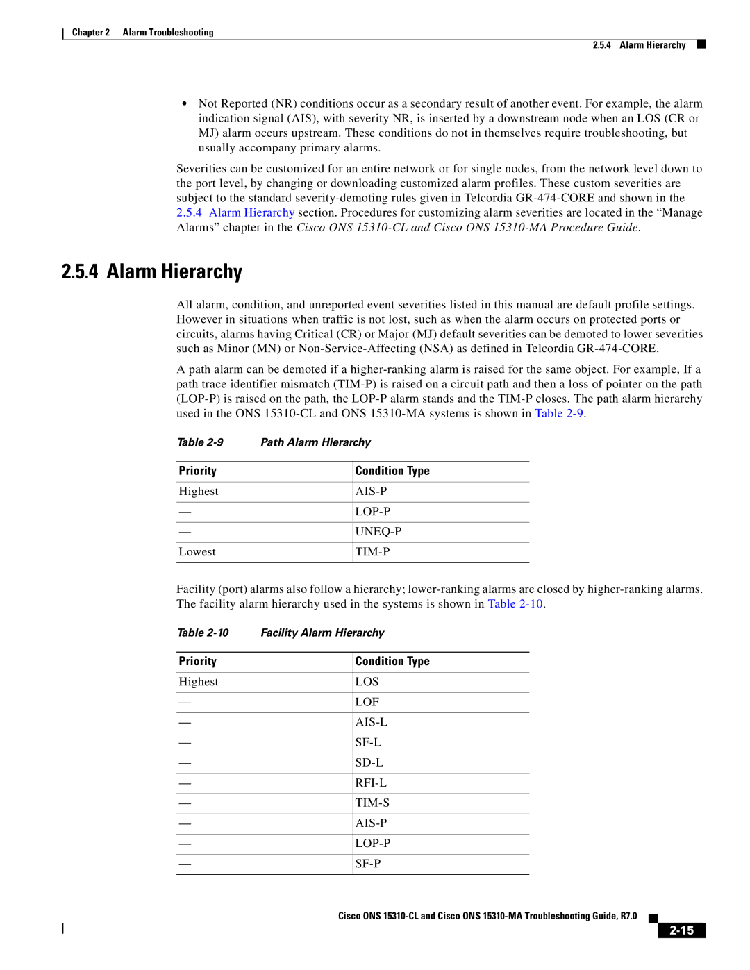 Cisco Systems ONS 15310-MA, ONS 15310-CL manual Alarm Hierarchy, Los, Lof 