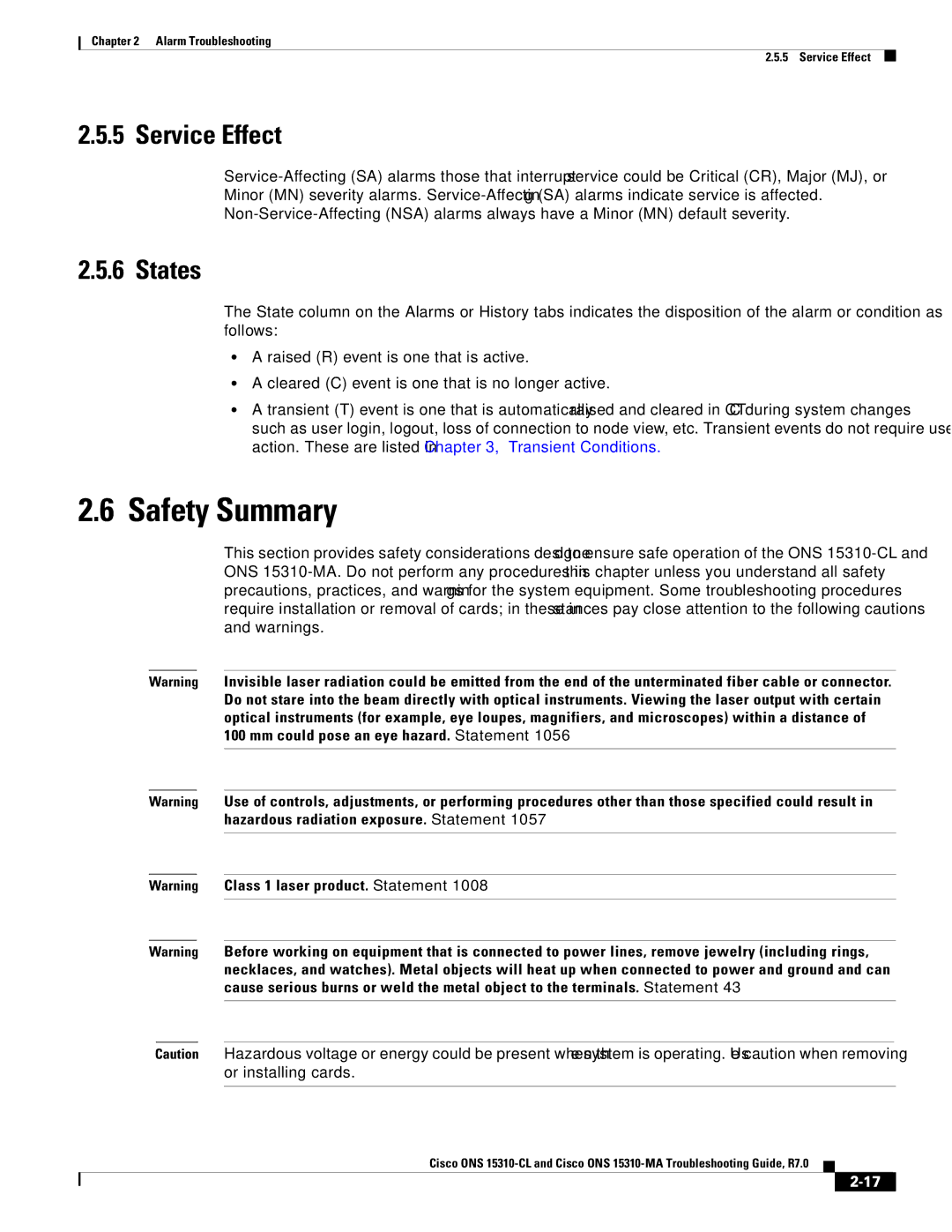 Cisco Systems ONS 15310-MA, ONS 15310-CL manual Safety Summary, Service Effect, States 