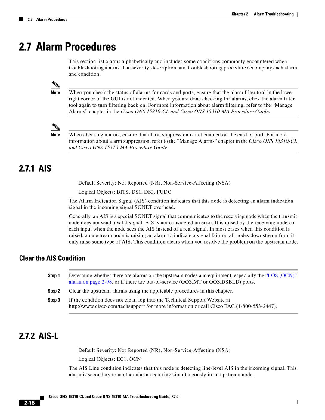 Cisco Systems ONS 15310-CL, ONS 15310-MA manual Alarm Procedures, 1 AIS, Ais-L, Clear the AIS Condition 