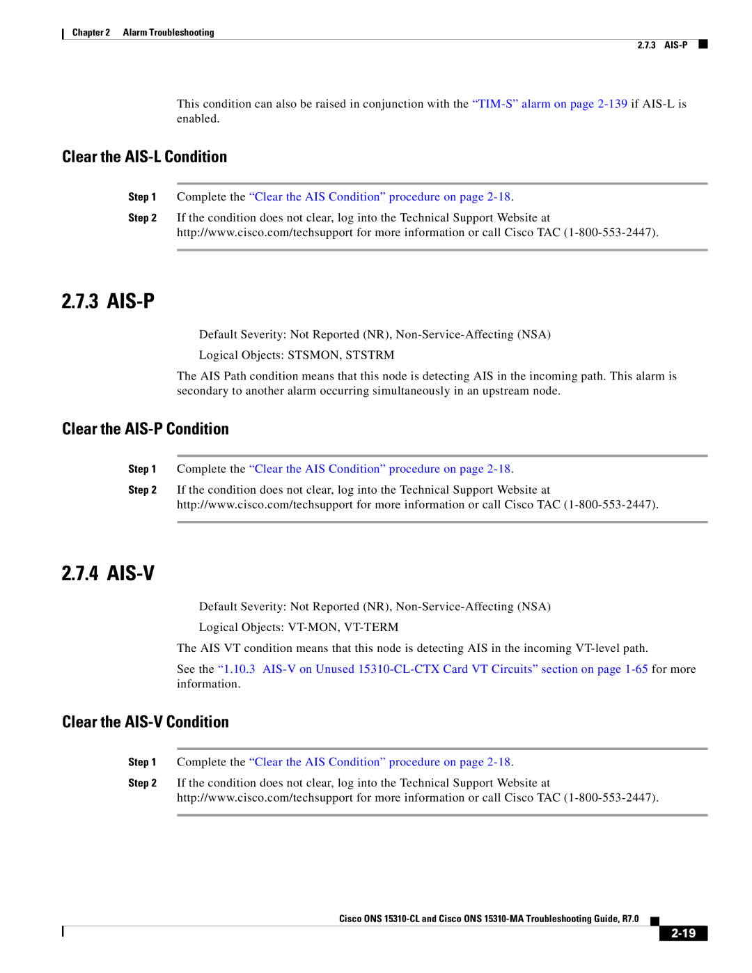 Cisco Systems ONS 15310-MA Ais-P, Ais-V, Clear the AIS-L Condition, Clear the AIS-P Condition, Clear the AIS-V Condition 