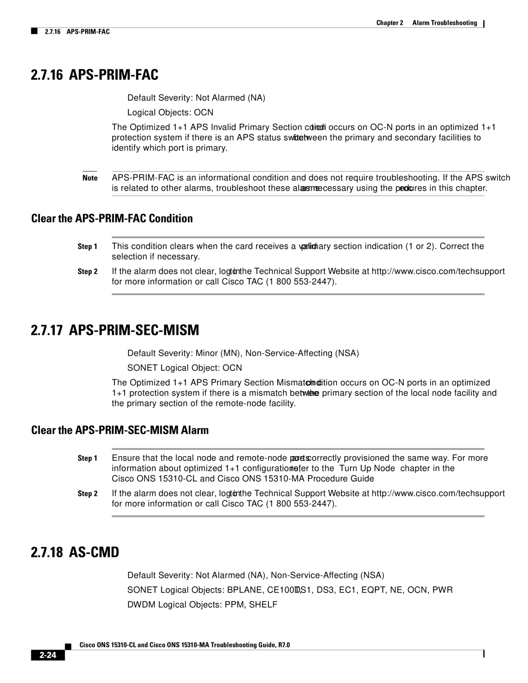 Cisco Systems ONS 15310-CL, ONS 15310-MA manual Aps-Prim-Fac, Aps-Prim-Sec-Mism, As-Cmd, Clear the APS-PRIM-FAC Condition 